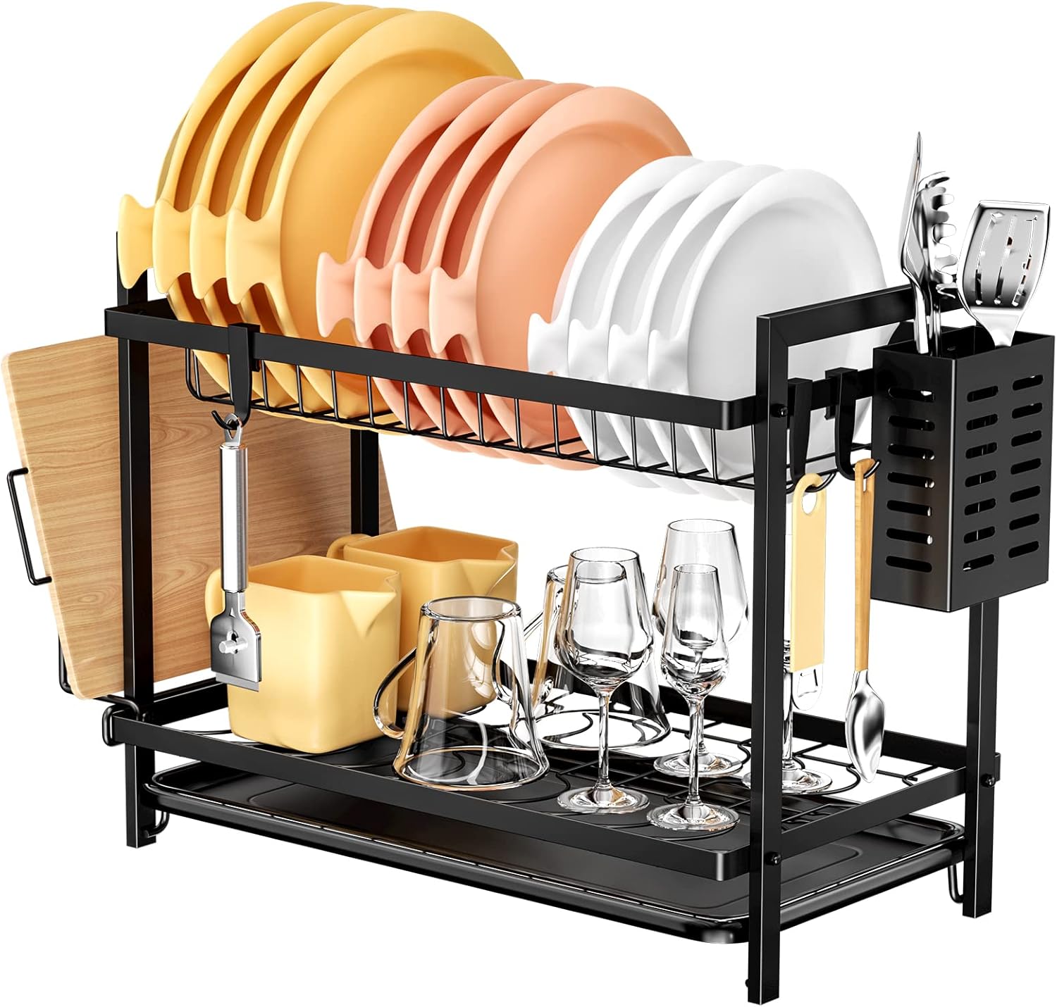 Frasheng Égouttoir à Vaisselle 2 Niveaux Noir Mat – Grand Capacité, Vidange Auto, Design Élégant INOX Pour Cuisine Organisée