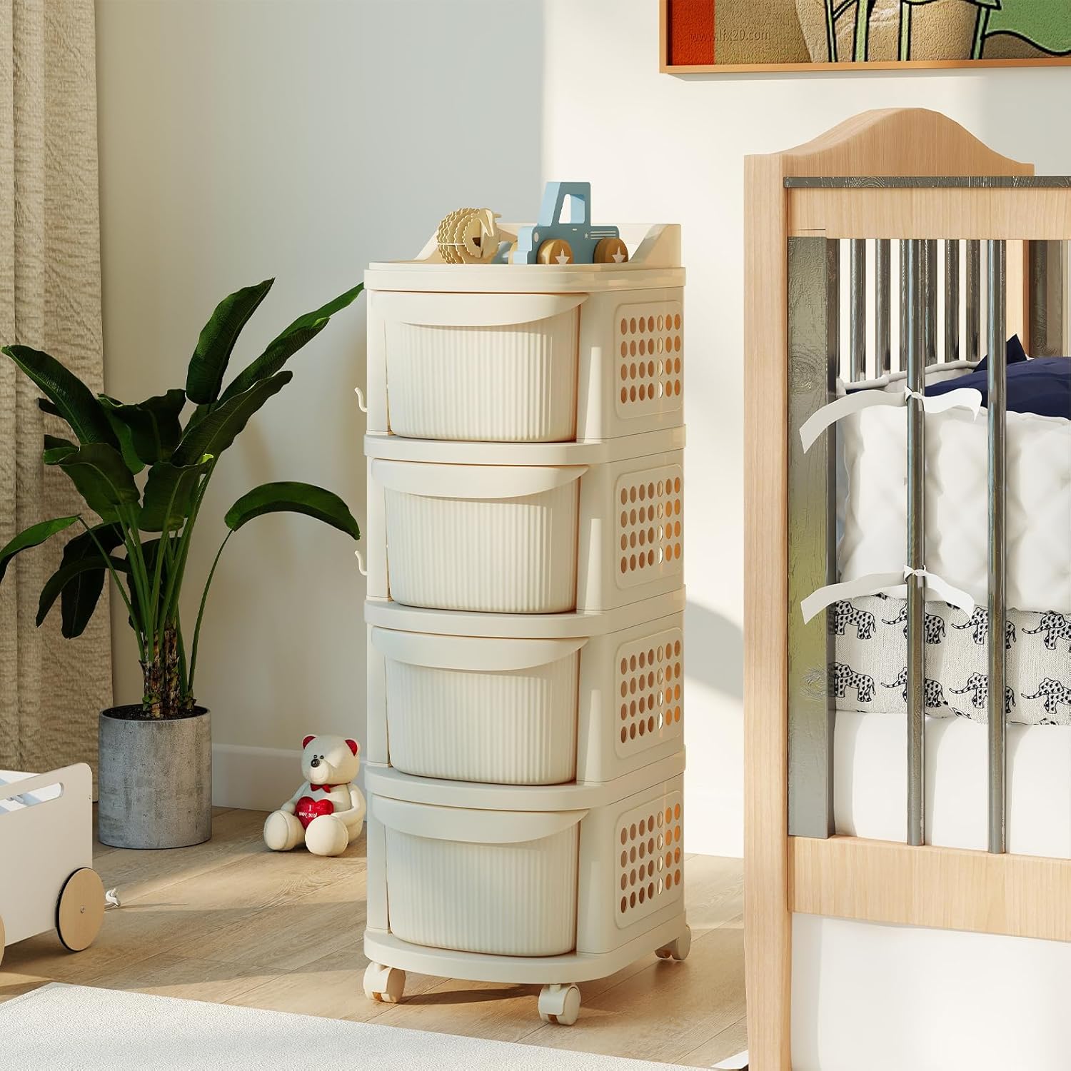 Carrello con 4 Cassetti, Contenitore in Plastica con Rotelle, 6 Ganci, Mobiletto Portaoggetti Mobile per Soggiorno, Cucina e Ufficio (BIANCO) - 9