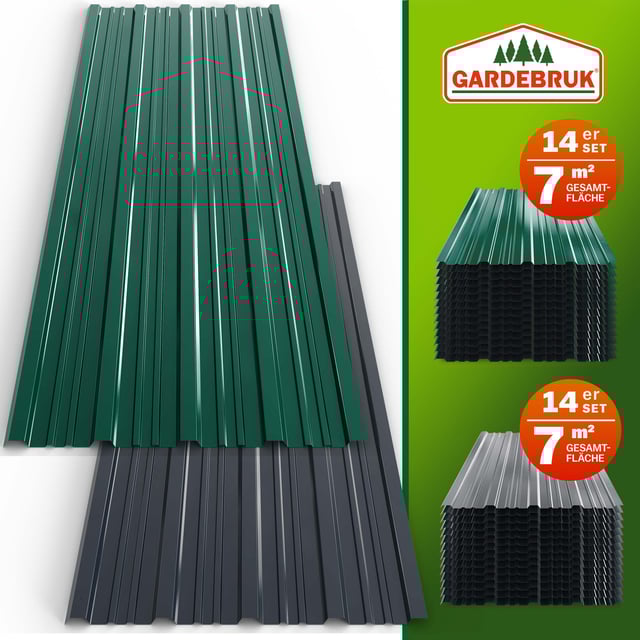 GARDEBRUK® 14x Tôles de bardage 110x46cm = 7m² galvanisé résistant intempéries tôle ondulée trapézoïdale profilée toit mur abri de jardin anthracite