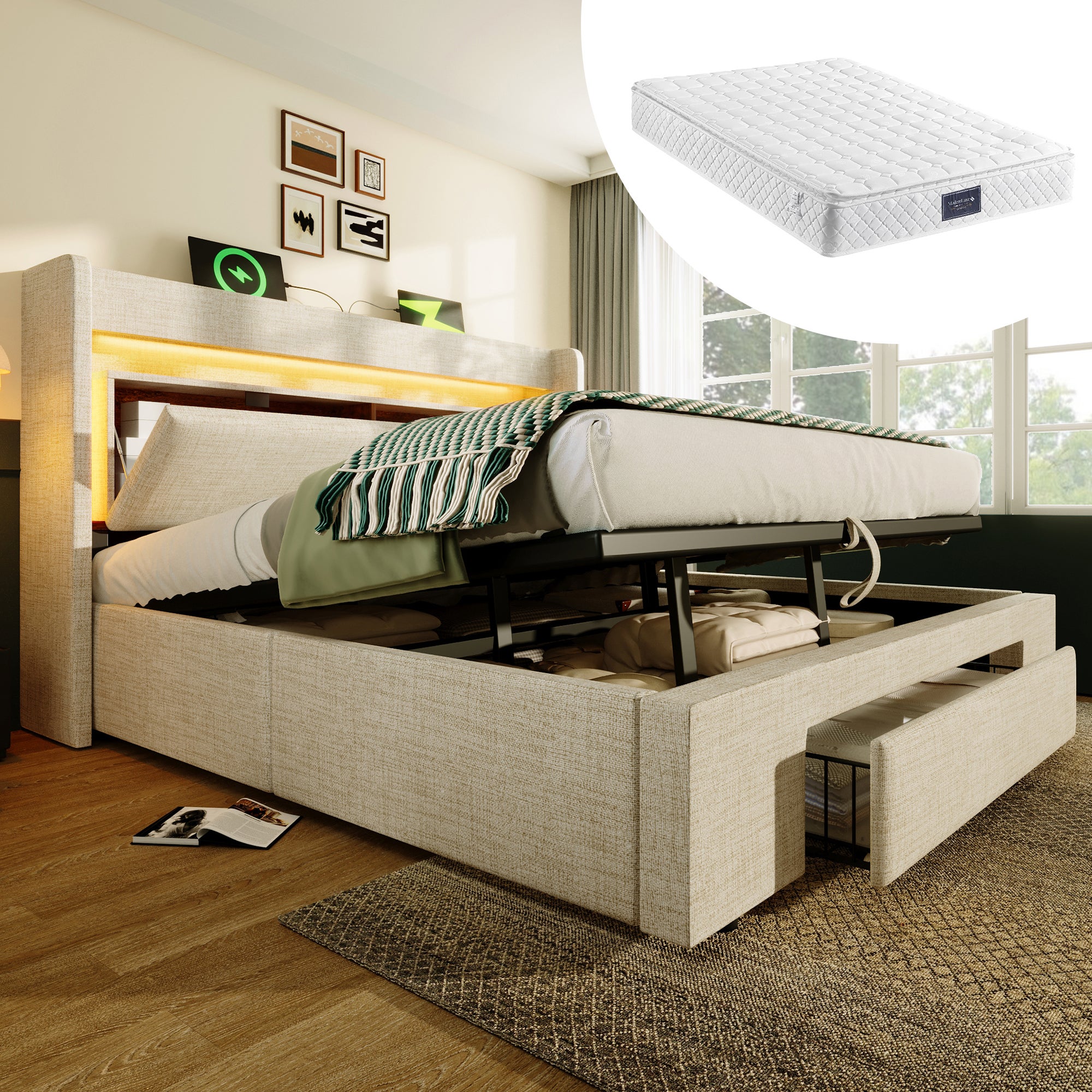 Letto Matrimoniale Imbottito Con Contenitore E Luci LED - Bianco - 146x202 Cm - Con Ricarica USB E Testiera Regolabile - 5