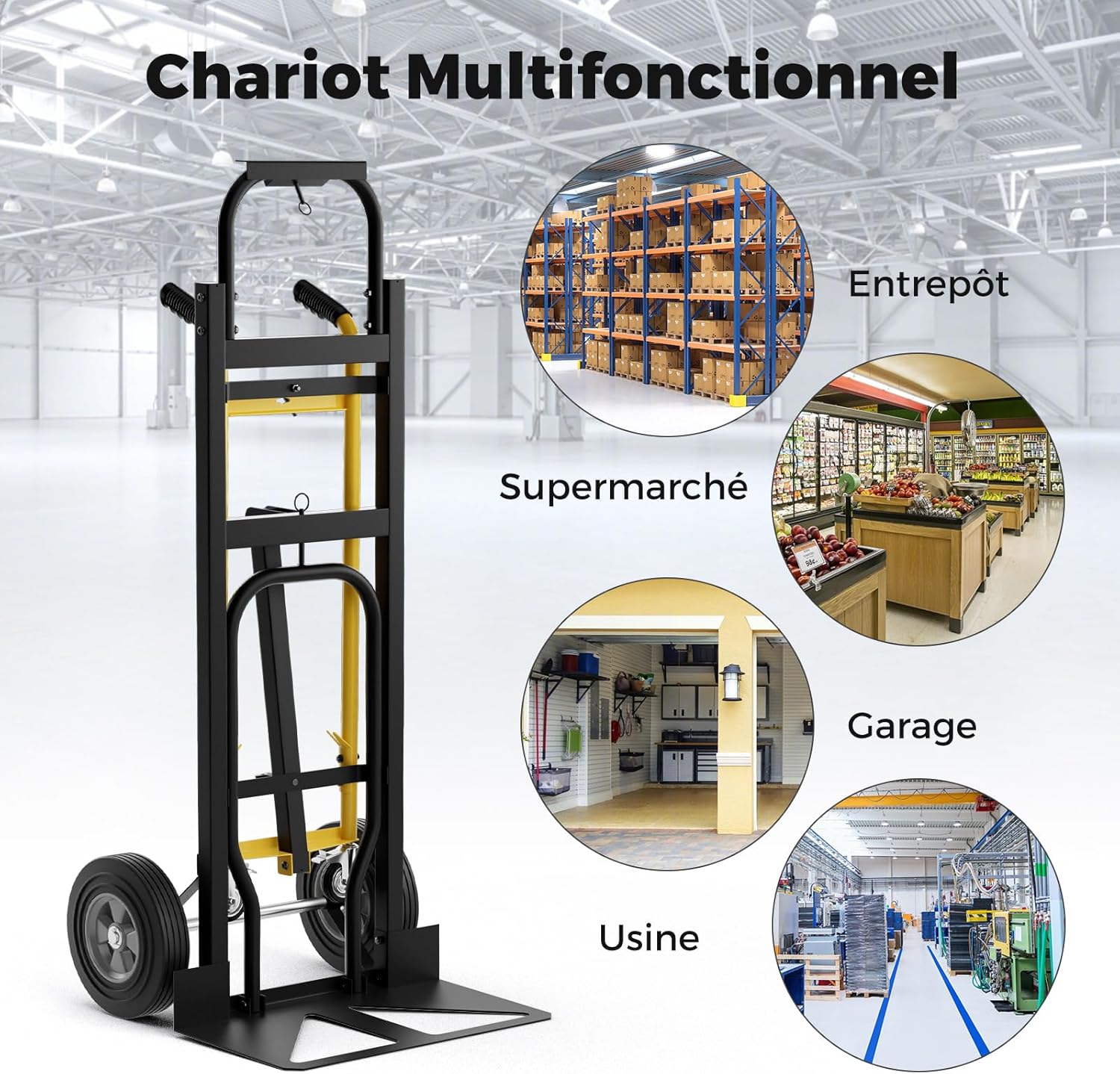 Carrinho de mão em metal 3 em 1 com rodas de borracha universais, carrinho industrial dobrável para transporte e mudança, 57 x 53 x 131 cm - 8