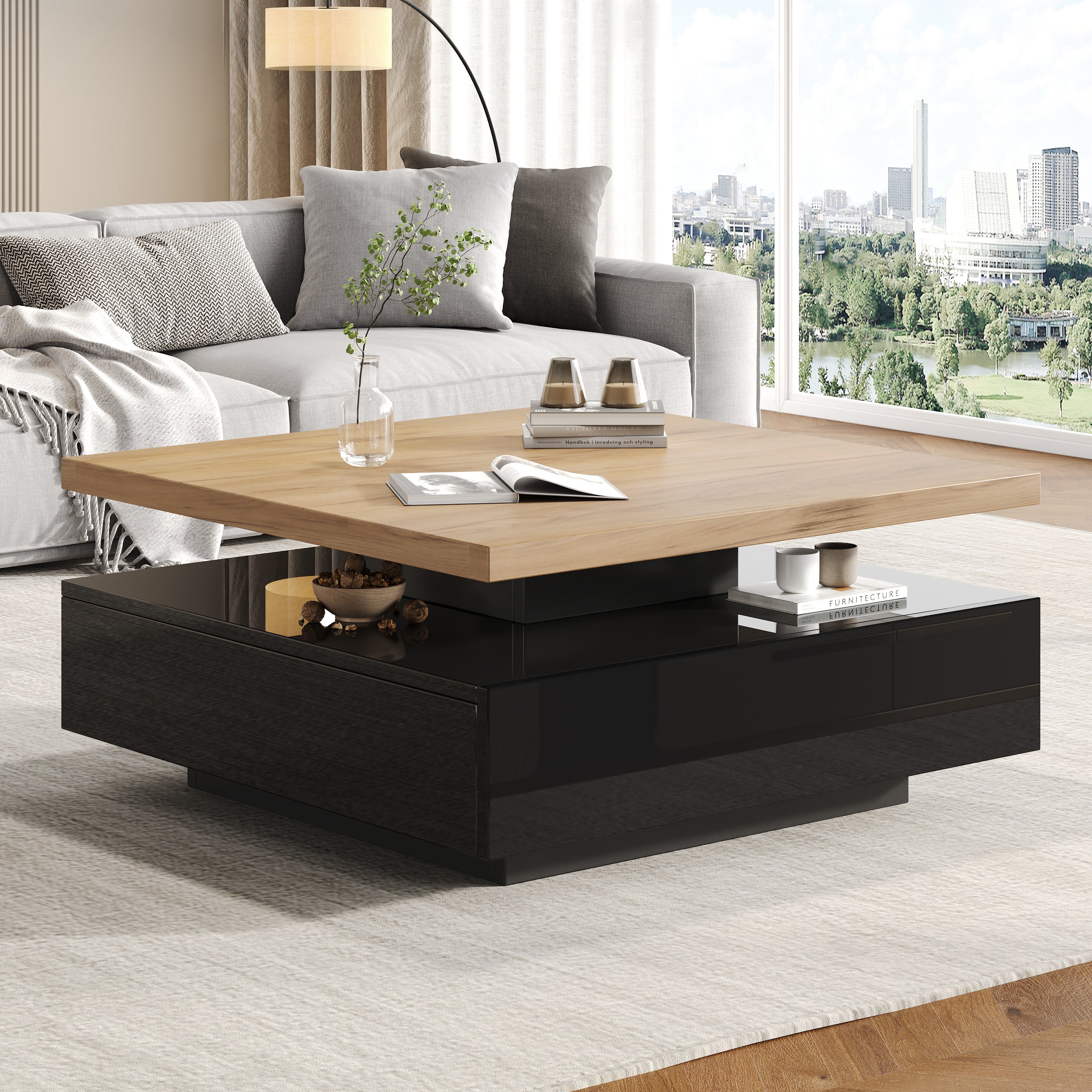 Stolik kawowy kwadratowy z obrotowym blatem i 1 szufladą - 70 x 70 x 36 cm - Płyta wiórowa - Drewno naturalne i czerń - 6