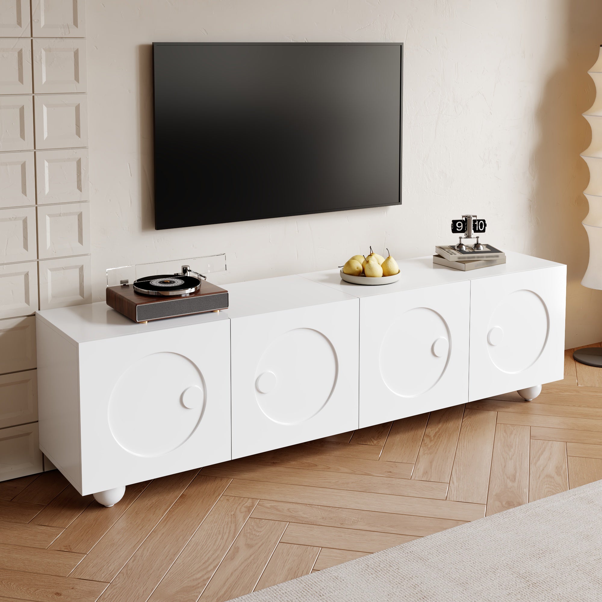 Nowoczesna szafka RTV z 4 drzwiami - 180,5 x 38 x 50 cm - Płyta wiórowa + MDF - Biała - 8