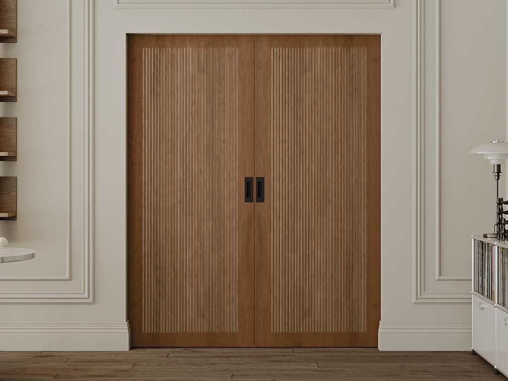 Drzwi przesuwne podwójne chowane w ścianie z MDF i drewna naturalny ciemny - 2 x wys. 205 x szer. 93 cm - SANDORA