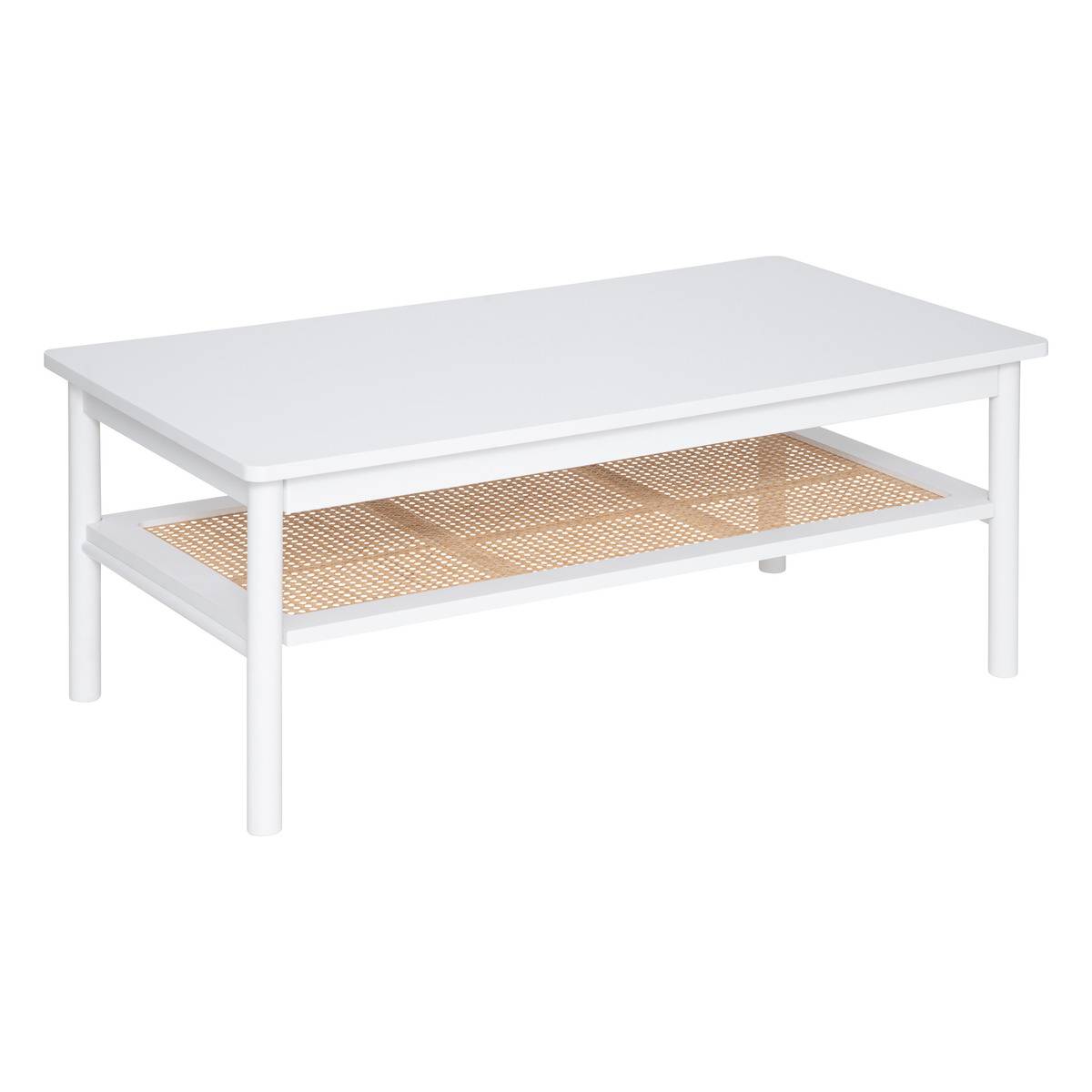 Stolik kawowy Cabras prostokątny ATMOSPHERA biały drewniany z półką rattanową skandynawski 1 szt.