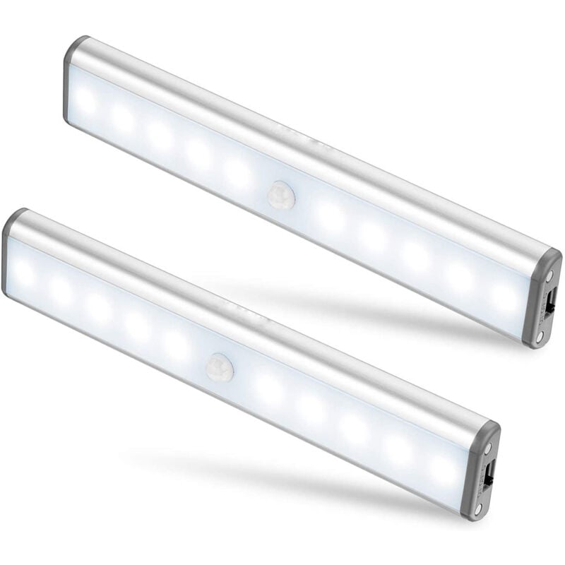 Zestaw 2 lamp 10 LED, Bezprzewodowe, Ładowane przez USB, Magnetyczne, Czujnik ruchu, 2 tryby oświetlenia, Do szafy, Lampka awaryjna