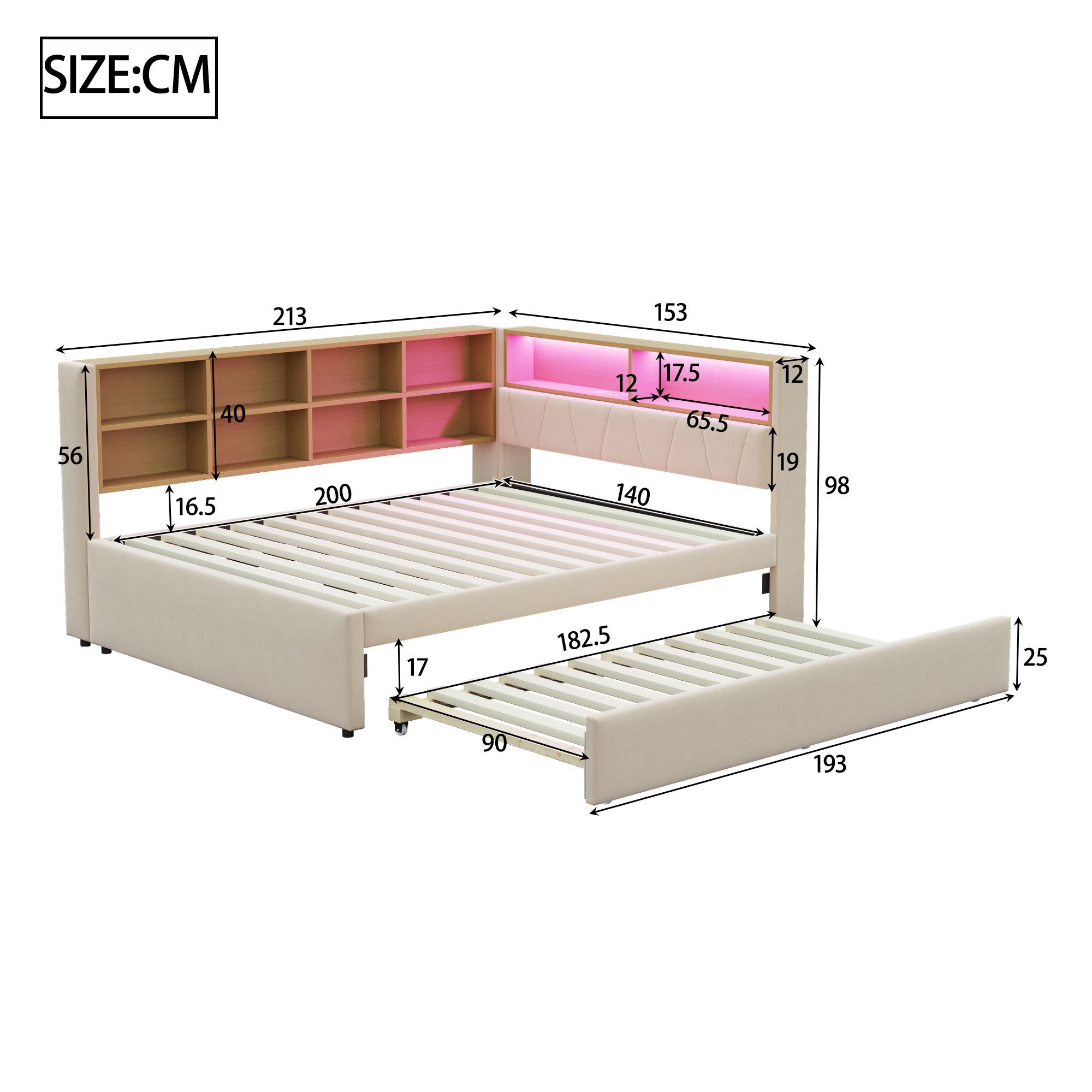 Divano letto 140x200cm 90x190cm Multifunzione LED prese ampio spazio flanella beige (Senza materasso) - 3