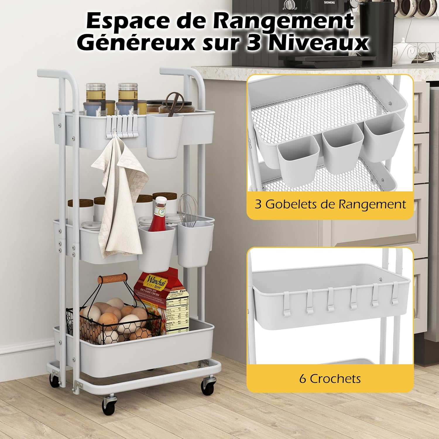 Carrello Pieghevole 3 Livelli - Senza Montaggio, Ruote Con Freno, Portata 30 Kg, Per Casa E Ufficio