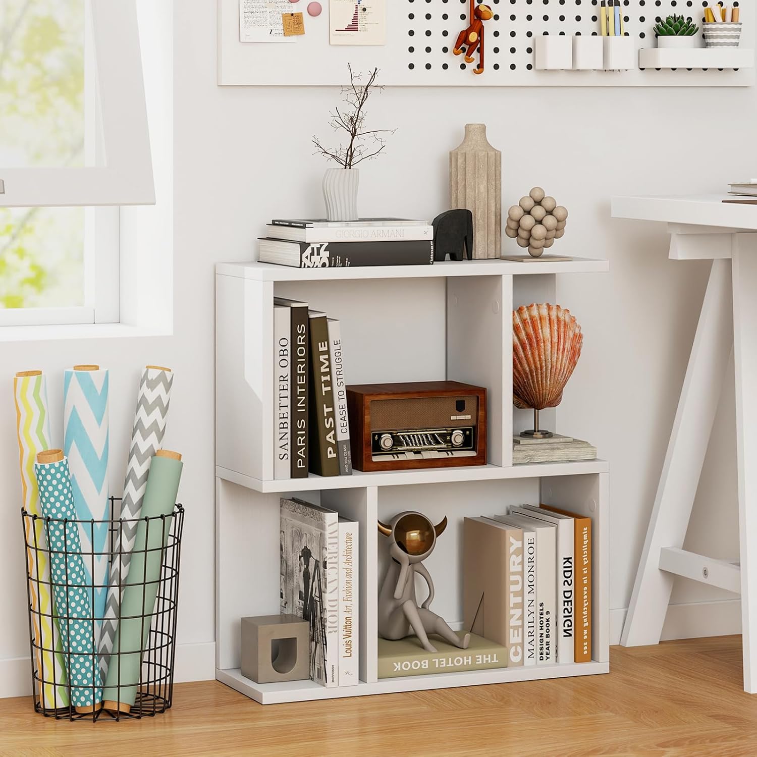 Bibliothèque à 3 Niveaux, Etagère de Présentation pour Petit Espace, Table d'Appoint Autoportante, pour Bureau, Salon, Chambre, Blanc - 4