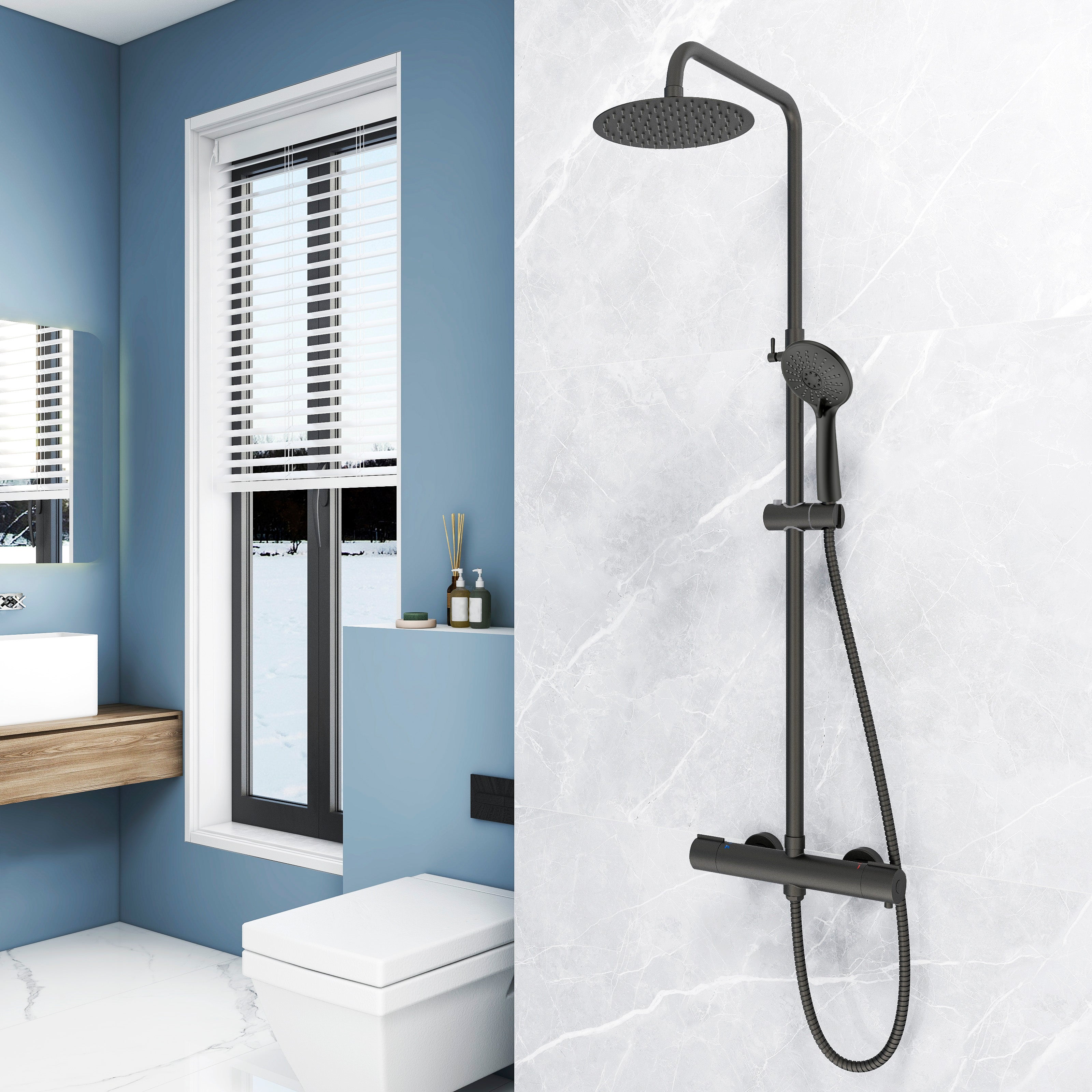 Aica columna de ducha con termostato redondo negro barra 768-1200mm rociador de mano 3 tipos de chorro