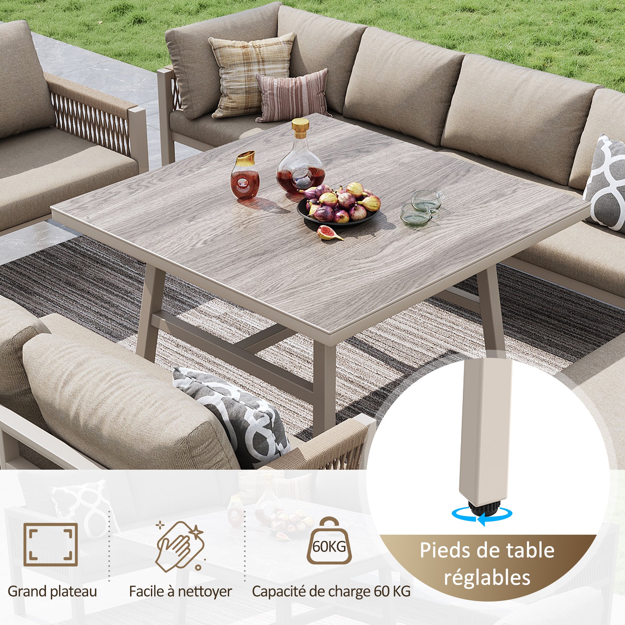 Canapé de Jardin en L Tressé Main pour 8 Personnes avec coussins Épais, ensemble salon d'extérieur avec table en Verre - housses détachables - beige - 7