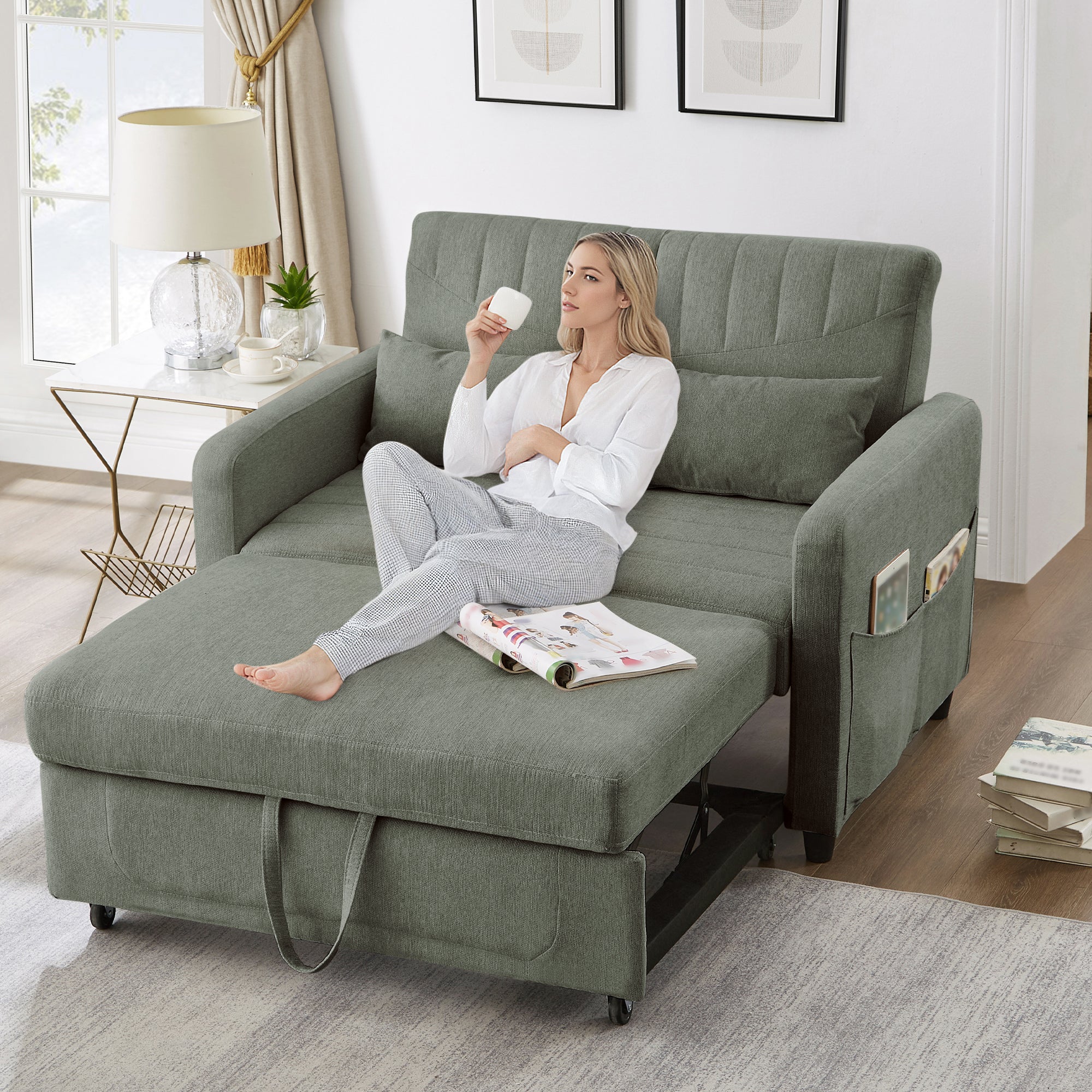 Sofa rozkładana 2-osobowa z 3-stopniową regulacją oparcia - 114 x 77 x 82,5 cm - Tkanina bawełniano-lniana - Zielony - 7
