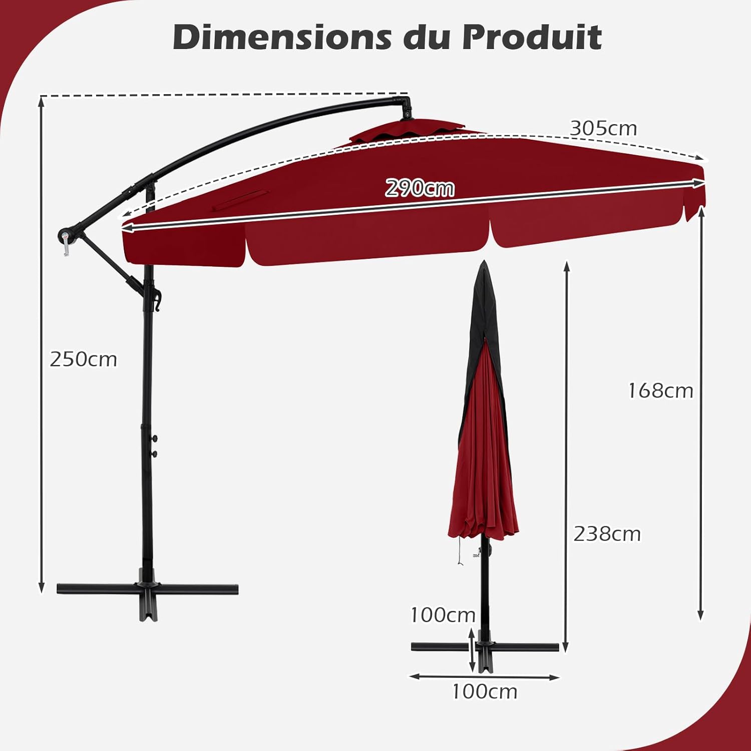 Parasol Déporté 3x3m avec Housse, Grand Parasol de Jardin Exterieur,8 Baleines et Base Croisée, Parasol Inclinable Suspendu avec Manivelle(Rouge) - 2