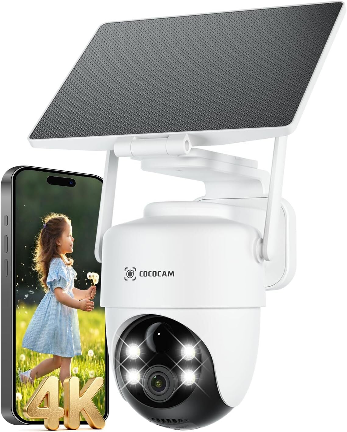 Cameră de supraveghere COCOCAM WiFi 4K 8MP solară pentru exterior, baterie 10000mAh, vedere nocturnă color, detectare umană AI/PIR, PTZ 355°, IP66
