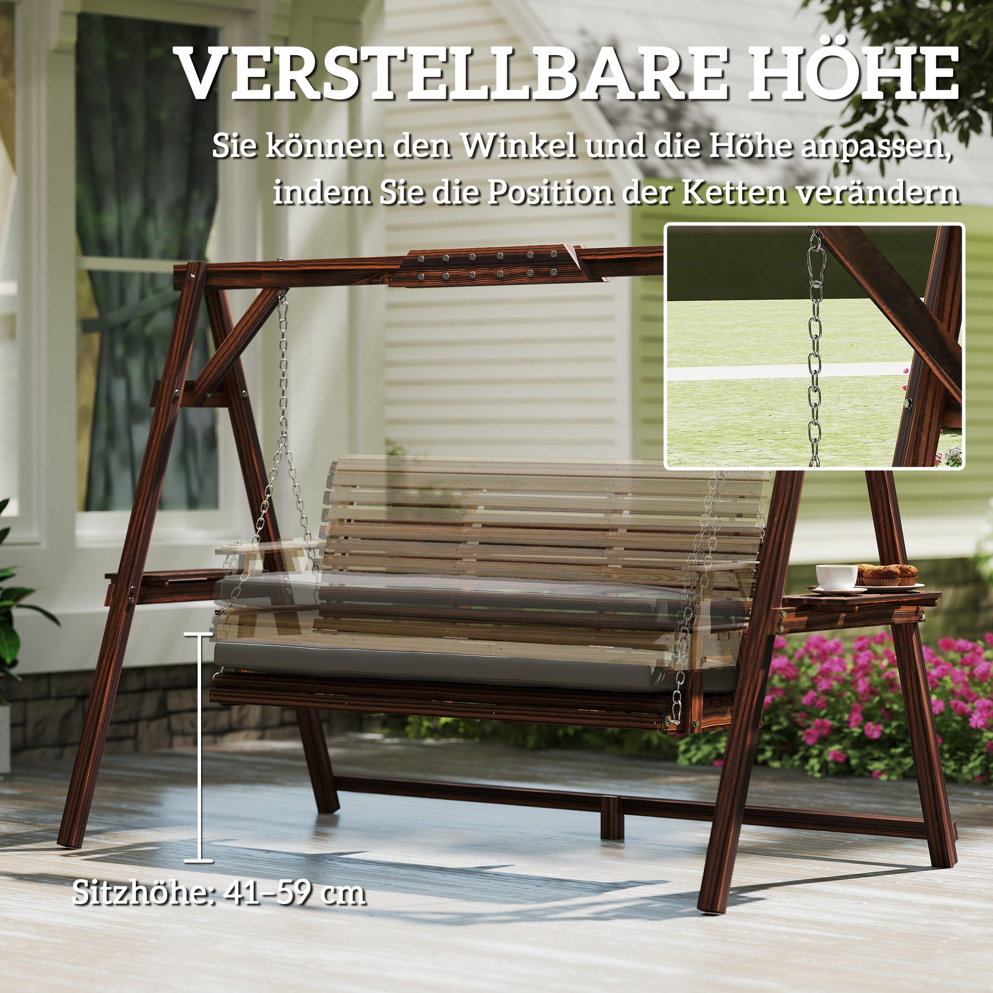 Swing hollywoodien balançoire jardin bois 3 places coussin assise étagères jusqu'à 330 kg calcinées - 9