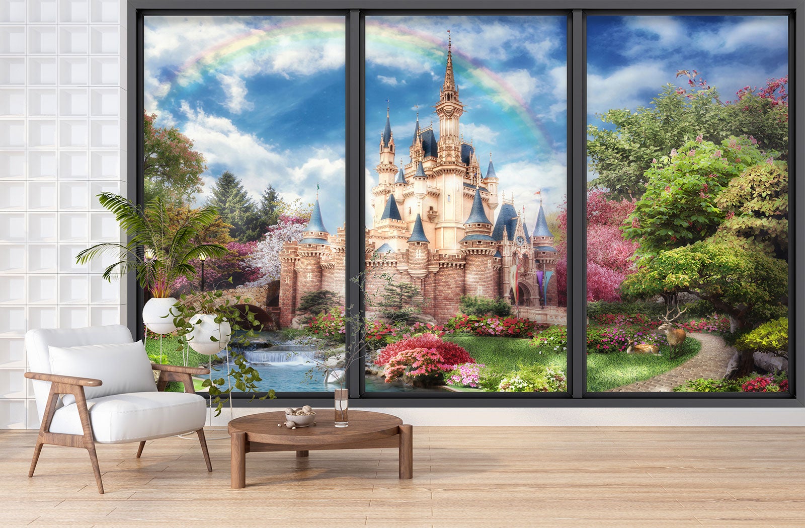 Papier peint panoramique intissé décoratif Trompe l'oeil baie vitrée Enfants - Château arc - L260 cm x H156 cm - 3