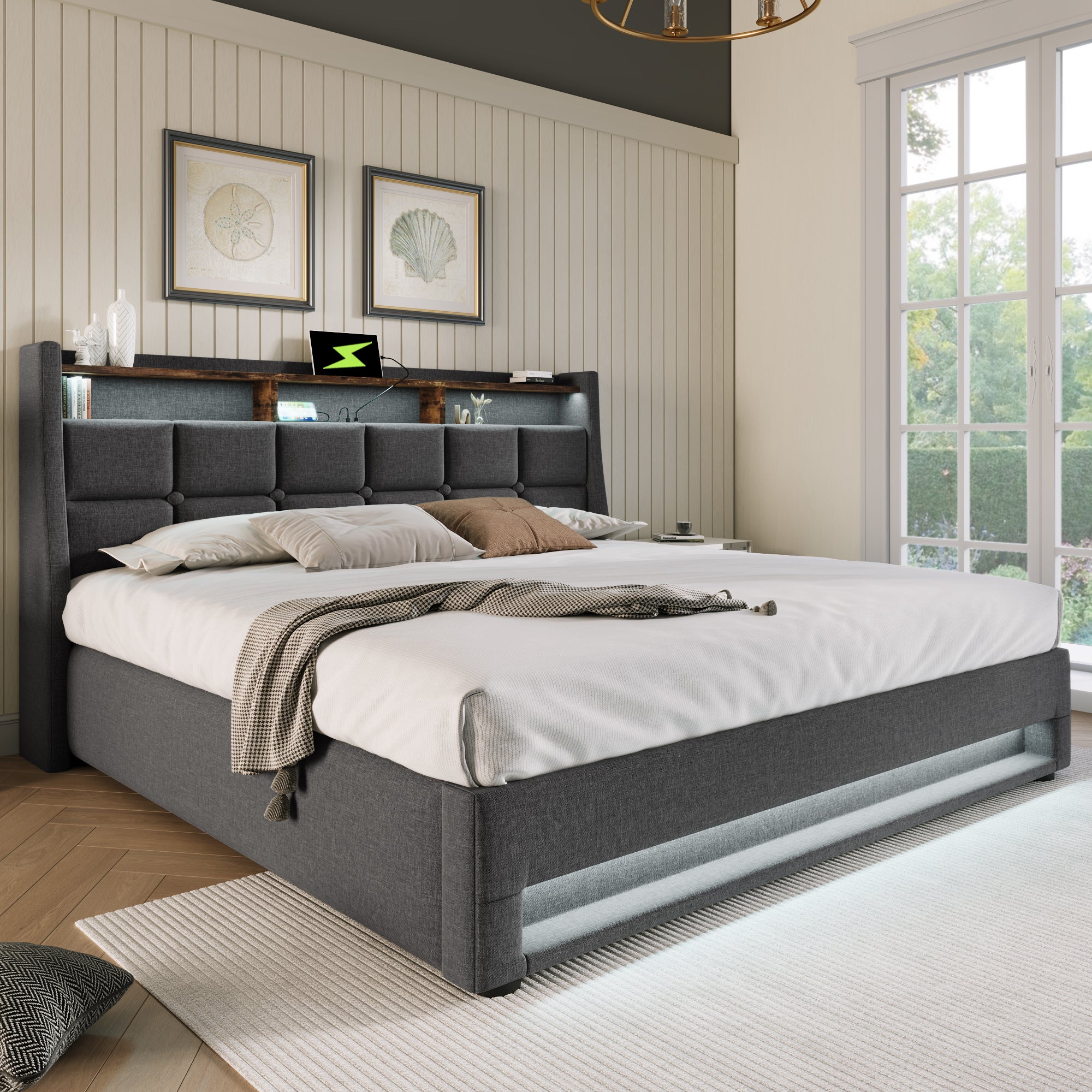 Cama con almacenaje de lino 160x200cm con LED y puertos USB - somier - gris - 2