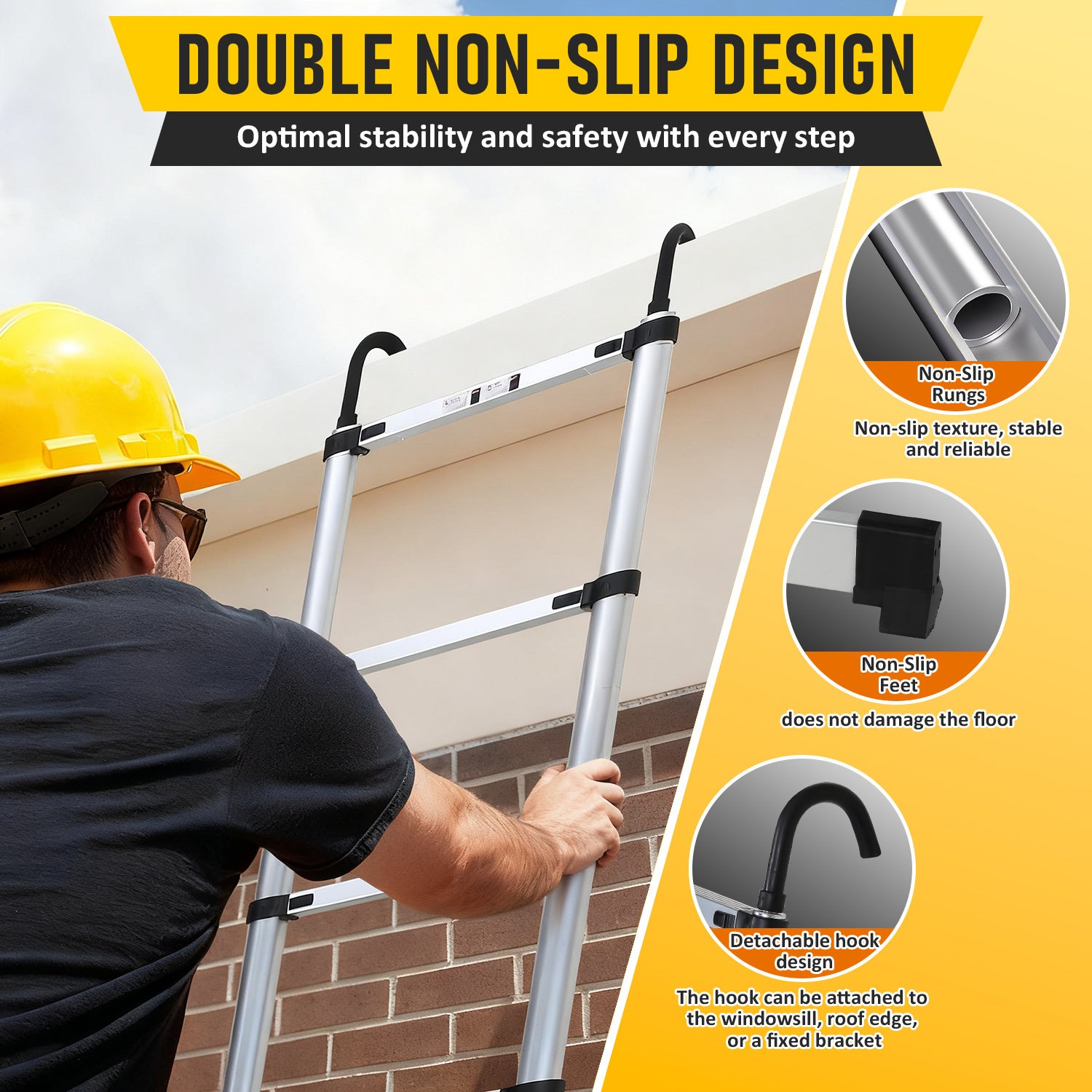 Escabeau echelle telescopiquePremium 3,8m argentée avec stabilisateur et crochets Stable - 4