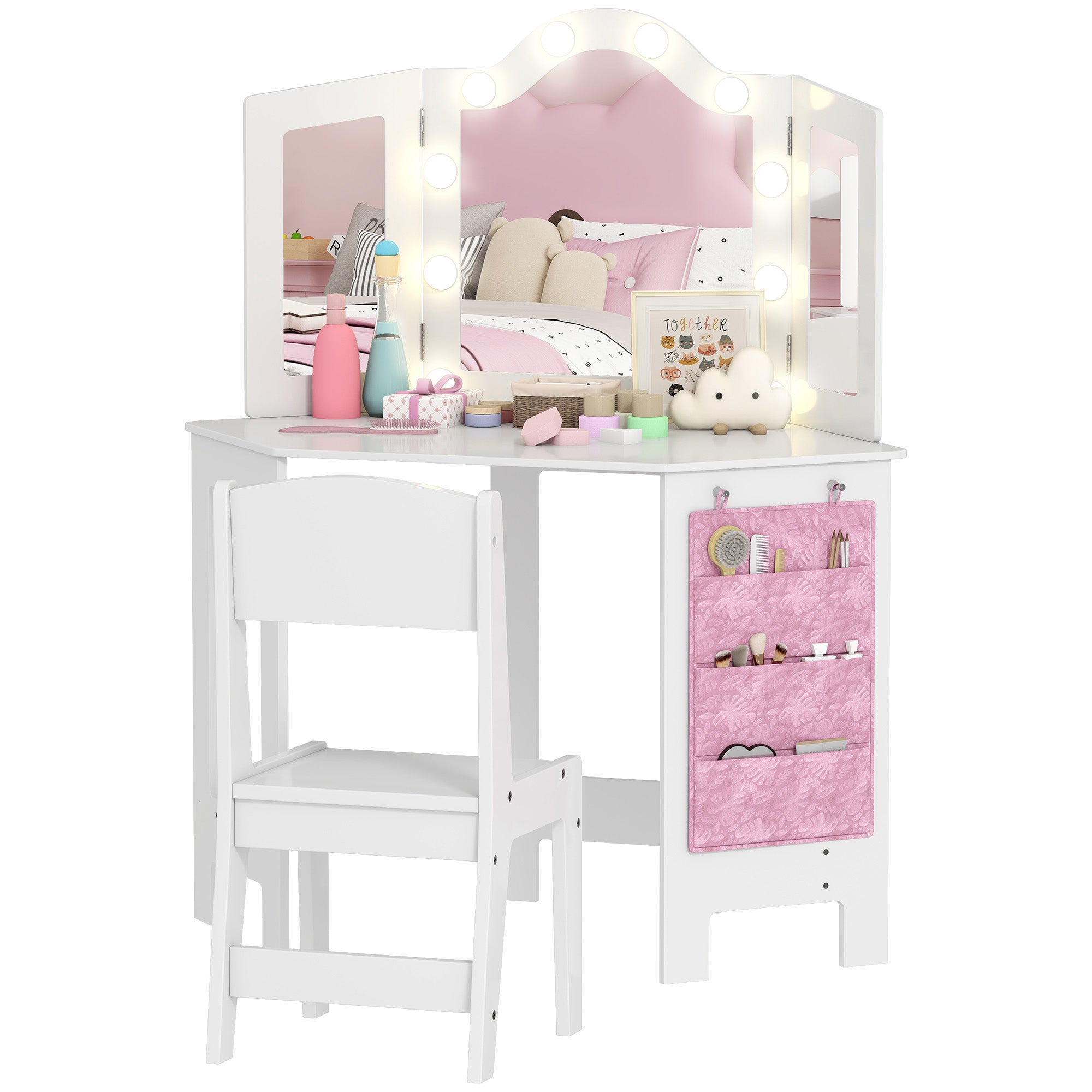 Coiffeuse Enfant AIYAPLAY Avec Tabouret - Rose - Meuble Lavabo 2 Pièces - NEUF