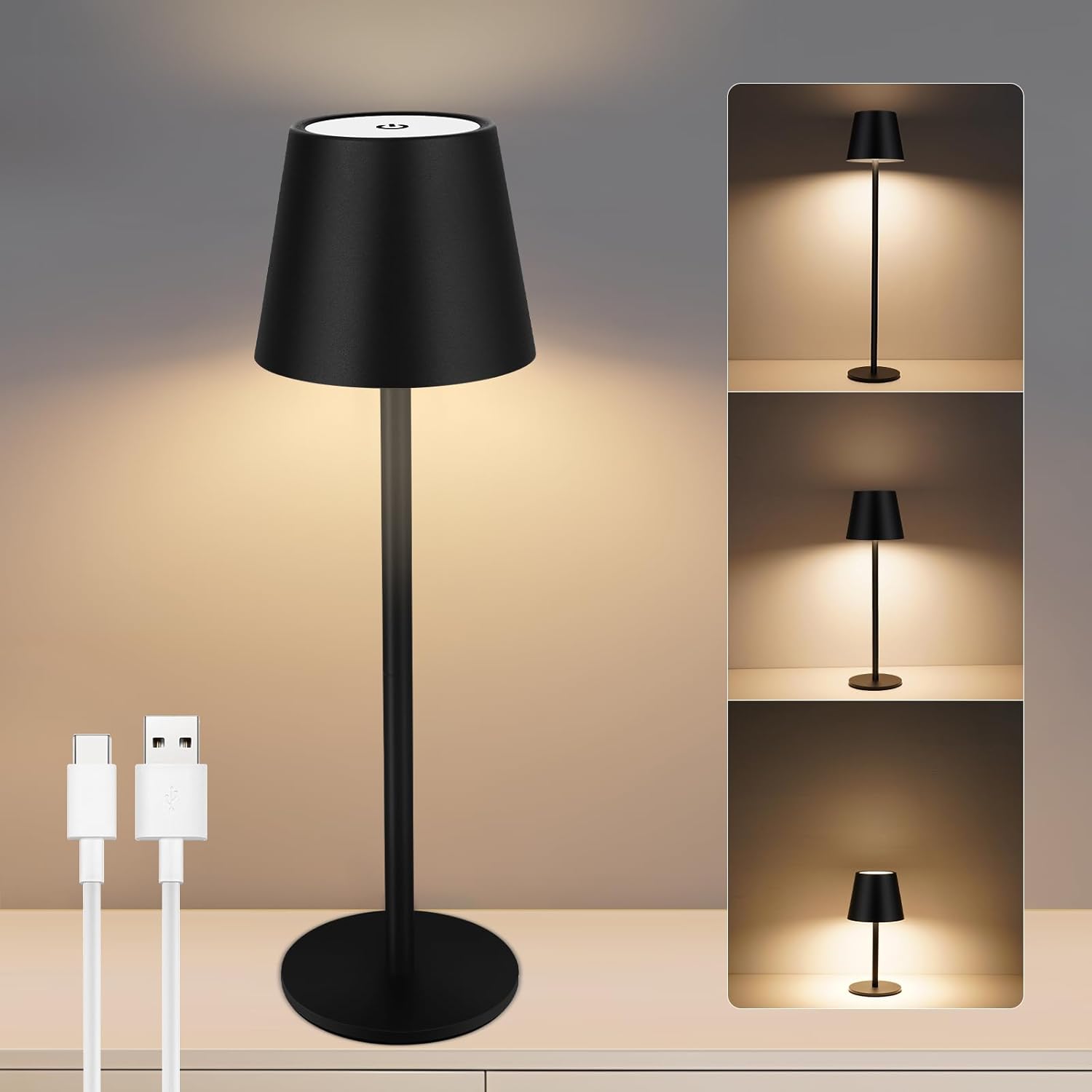 Bezprzewodowa lampa biurkowa ze ściemniaczem, dotykowa dioda LED 3-kolorowa, z USB-C, wodoodporność IP54 (czarna) [Klasa efektywności energetycznej F]