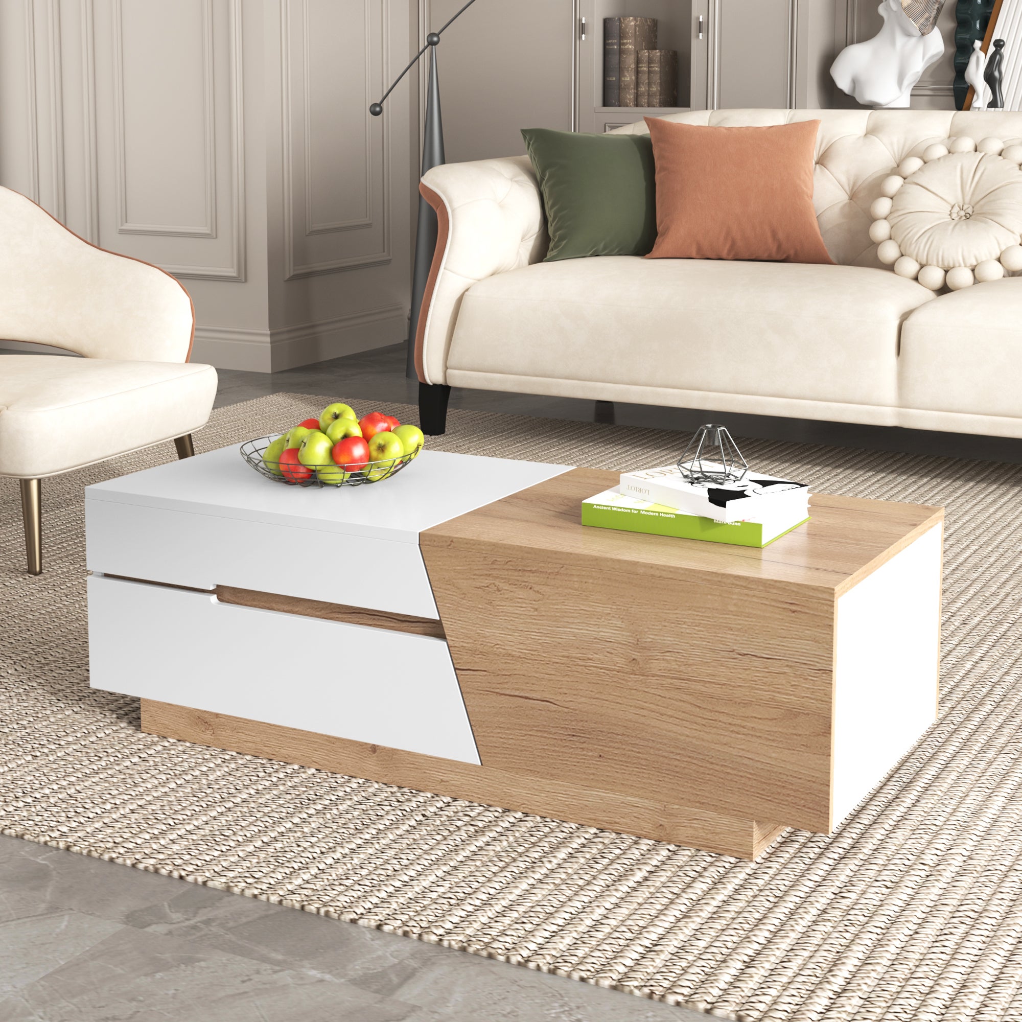 Table basse extensible avec 2 tiroirs - 120 x 50 x 37.5 cm - Panneaux de particules - Blanc + naturel - 5