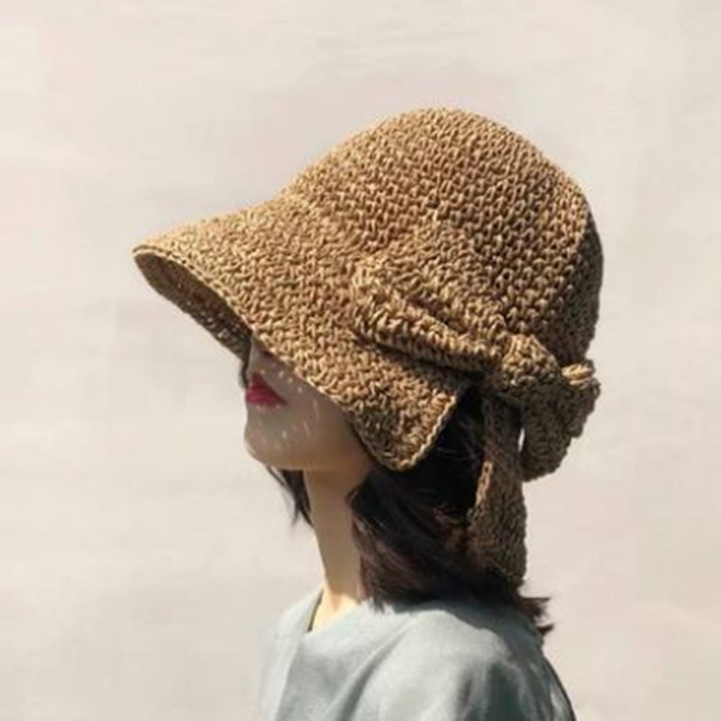 Chapeau de soleil pour femme, chapeau de paille, chapeau de paille pliable avec nœud, chapeau de plage pour les vacances - 3
