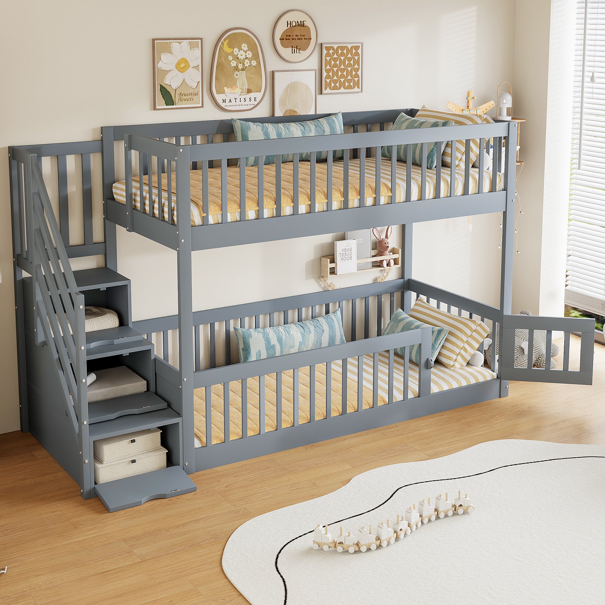 Lit superposé 90x200cm - avec escalier de sécurité - avec 3 tiroirs - Gris (matelas non inclus) - 2