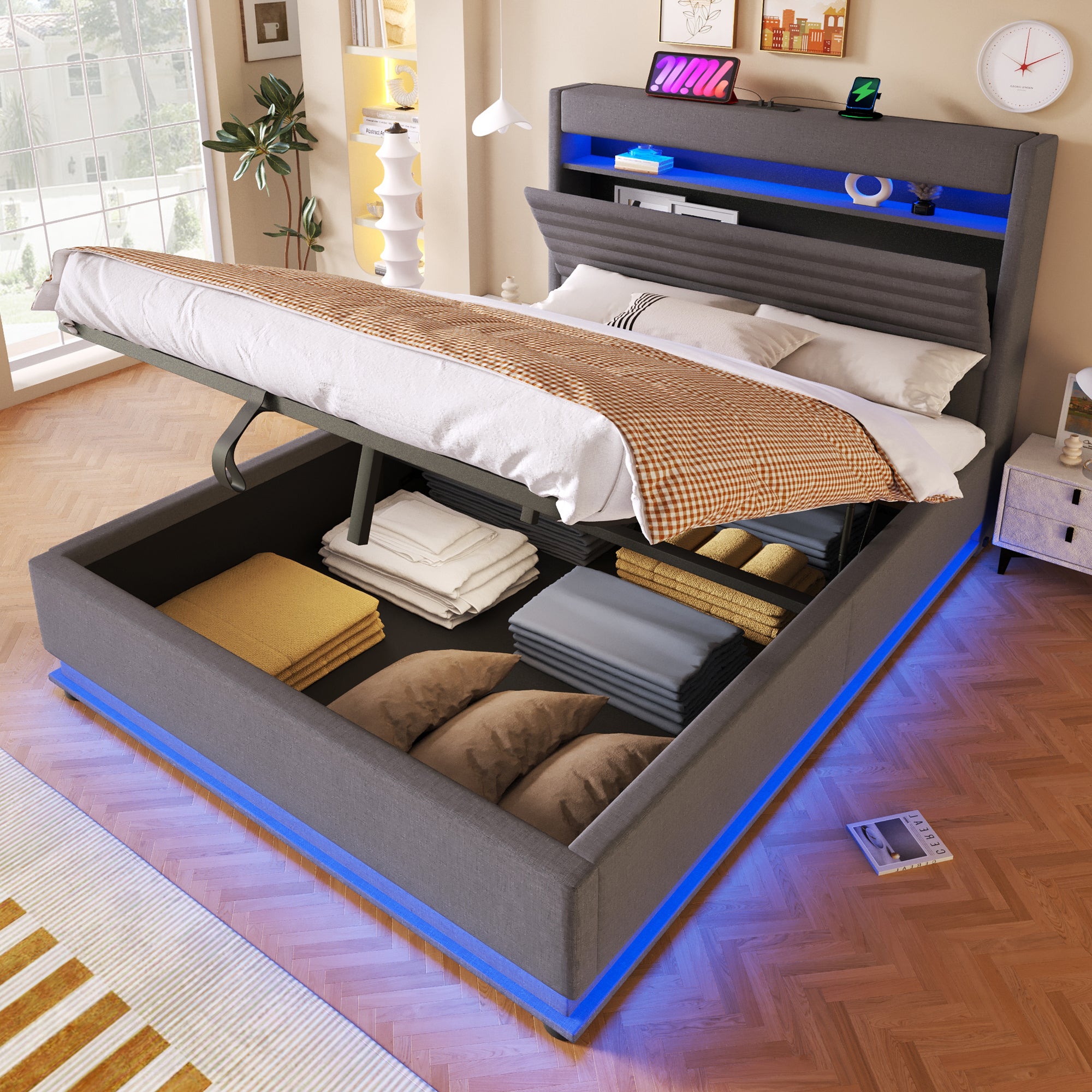 Łóżko z pojemnikiem 140 x 200 cm, z portami USB/Typ-C - Tkanina lniana - Diody LED - Szare (Materac nie jest dołączony)