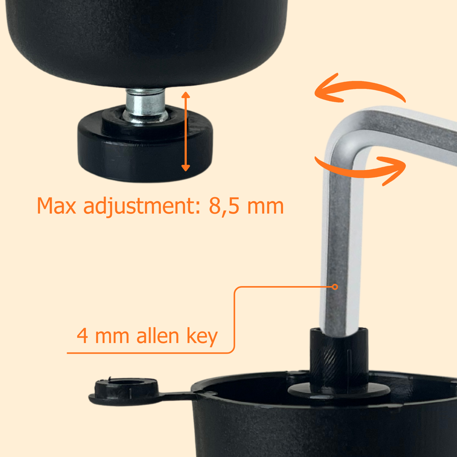EVOTRADE 4 Pés Reguláveis em PE Ø50 mm com Haste Fixa – Ideais para Casa, Escritório, Indústrias e Cozinhas, Made in Italy (Preto – H17 mm) - 3