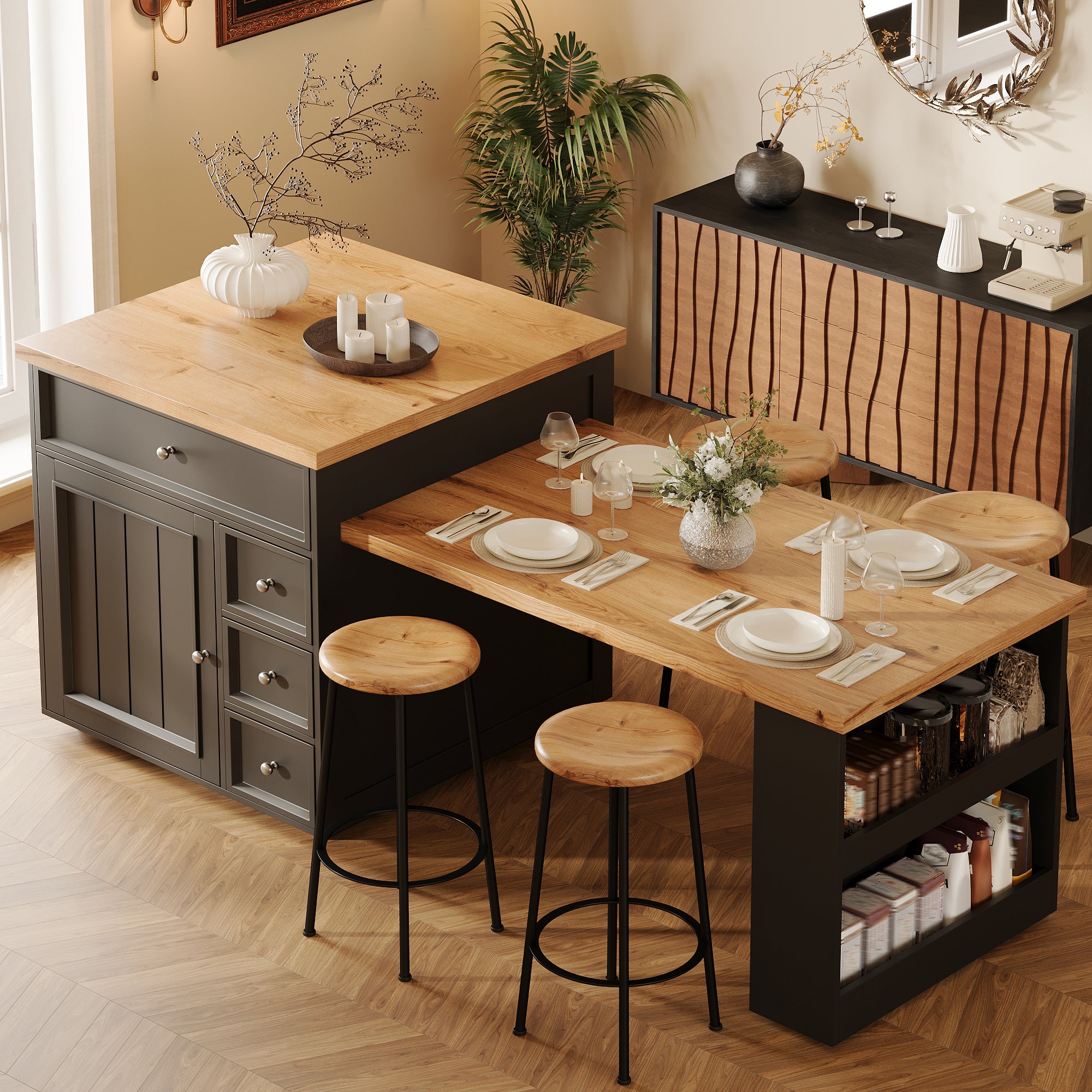 Îlot de cuisine extensible 120–184x70x94 cm avec tiroirs, plateau aspect bois, meuble mobile multifonction, cuisine et bar, noir - 2