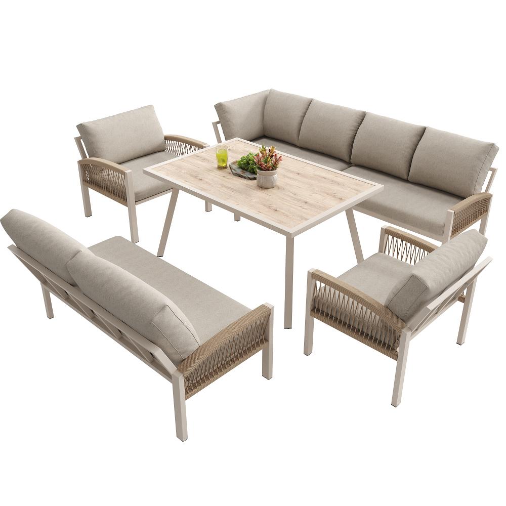 Sofá de jardín en L para 8 personas con estructura de metal, cojines beige, mesa con vidrio efecto madera y 2 sillones trenzados, resistente al clima - 9