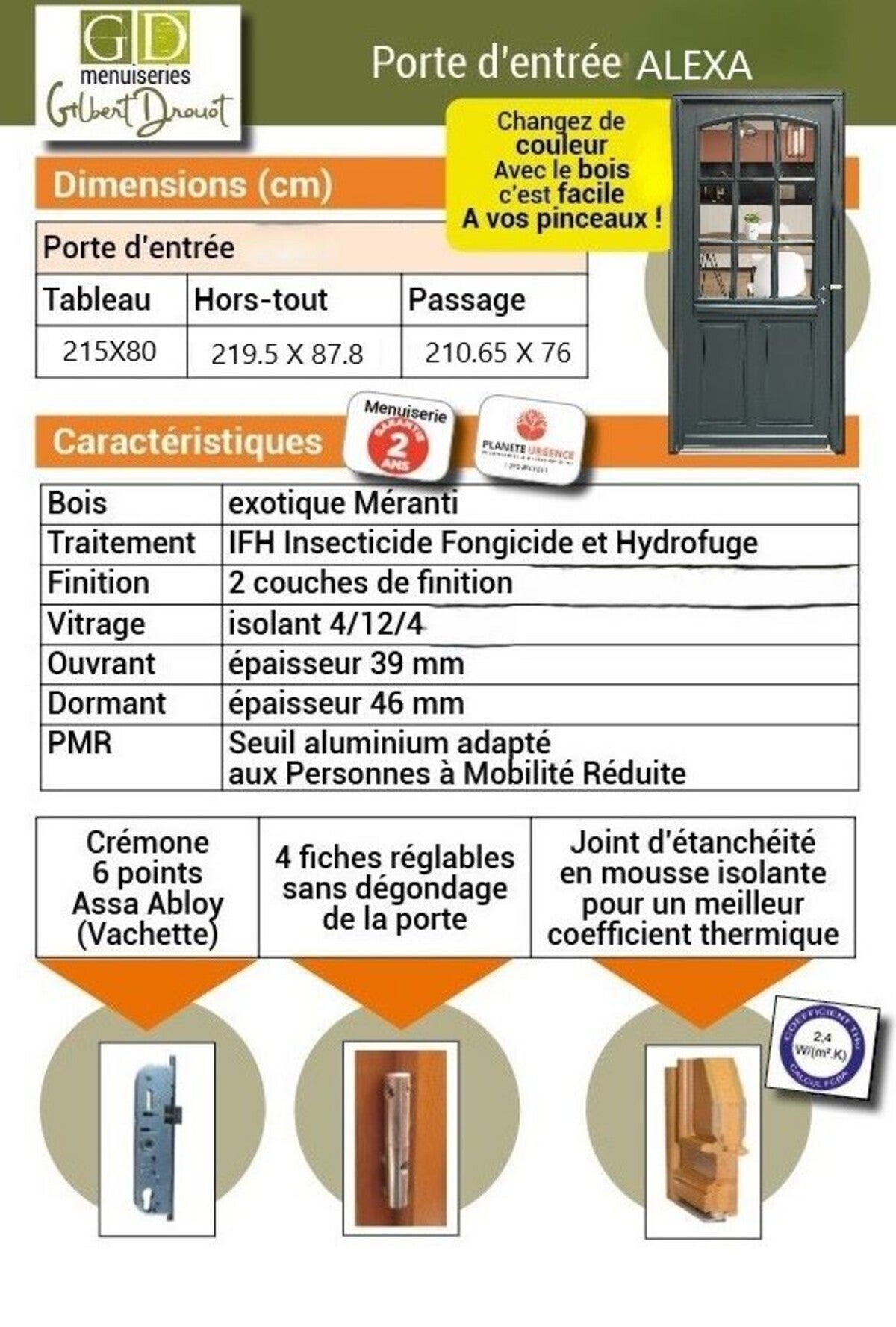 Porte D'entrée Bois Vitrée Alexa Gris Anthr, H215 X L80 Cm Côte Tableau, P.droit Gd Menuiseries - 5