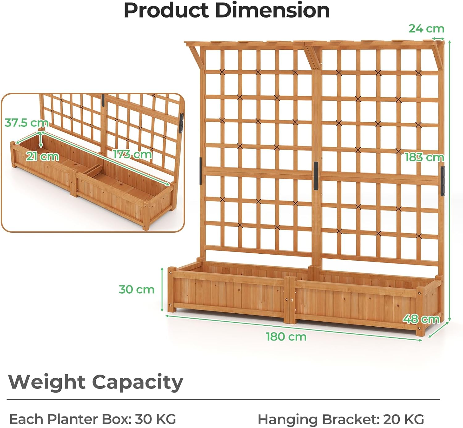 Jardinière avec 2 Treillis 2 Bacs Toit Suspendu en Bois, Lit de Jardin Surélevé pour Plante Grimpante, Orange (180 x 48 x 183 cm) - 3