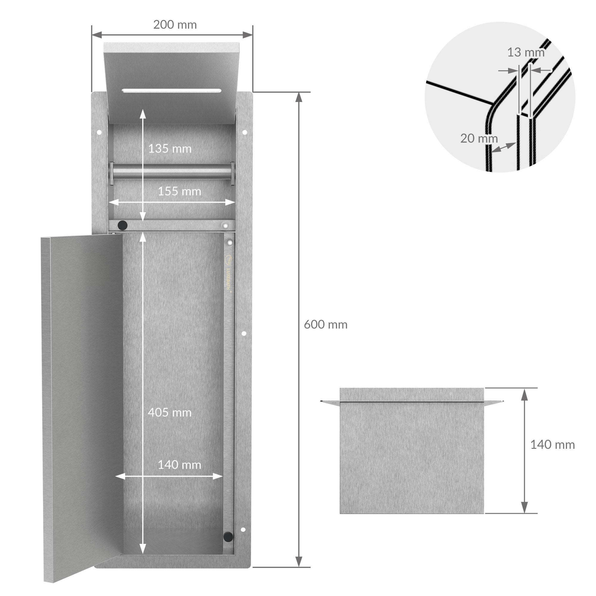 LuxeBath moduł szafki podtynkowej ze stali nierdzewnej srebrny 60x20x14 cm wnęka łazienkowa z uchwytami na papier toaletowy i szczotkę wc - 3