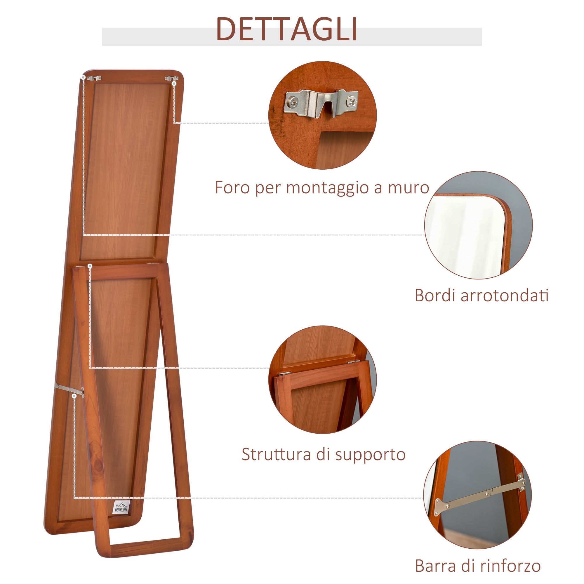 HOMCOM Specchio Da Terra E Da Parete Con Struttura In Legno, Supporto Pieghevole Con Cerniera, 37x43x156cm, Noce Chiaro - 7