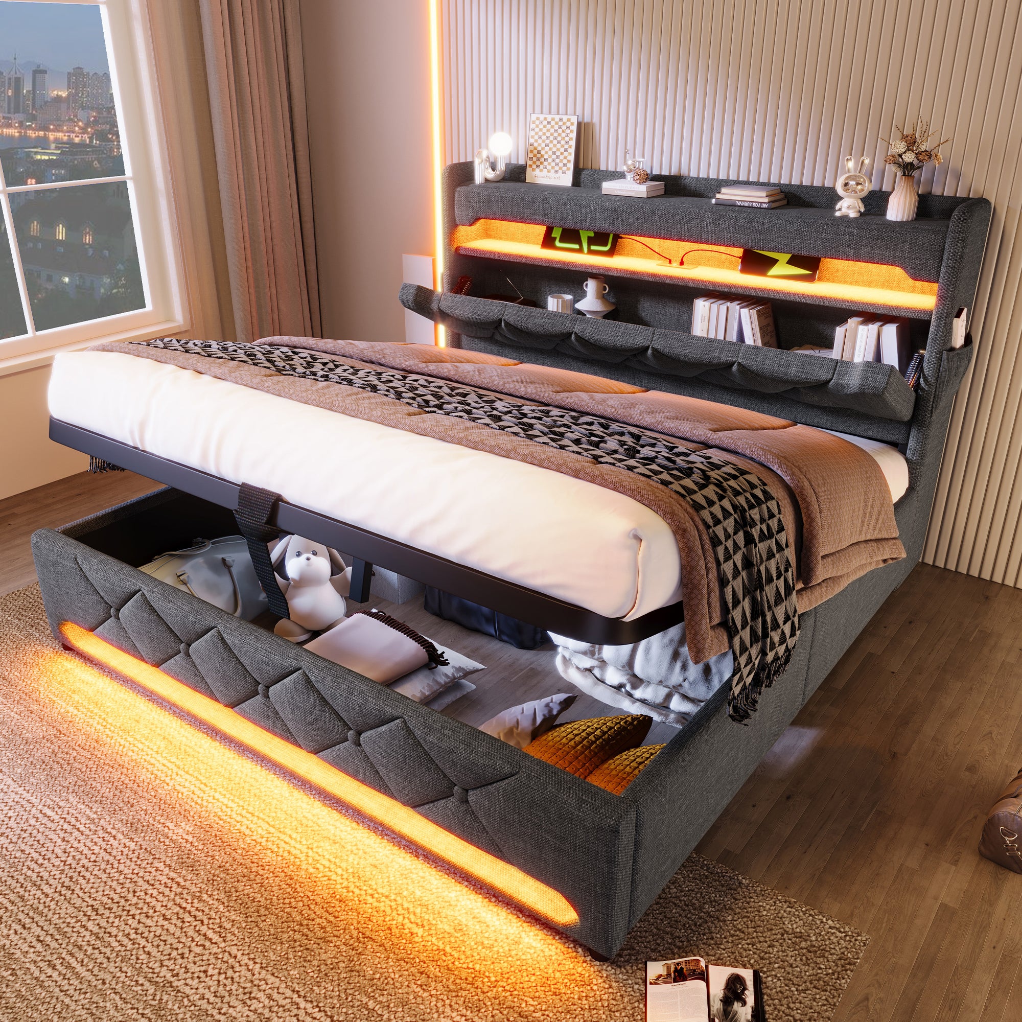 Cama tapizada con almacenamiento 160x200 cm - con LED y puertos USB de carga - tejido de lino - cabecero con espacio de almacenamiento - Gris - 3
