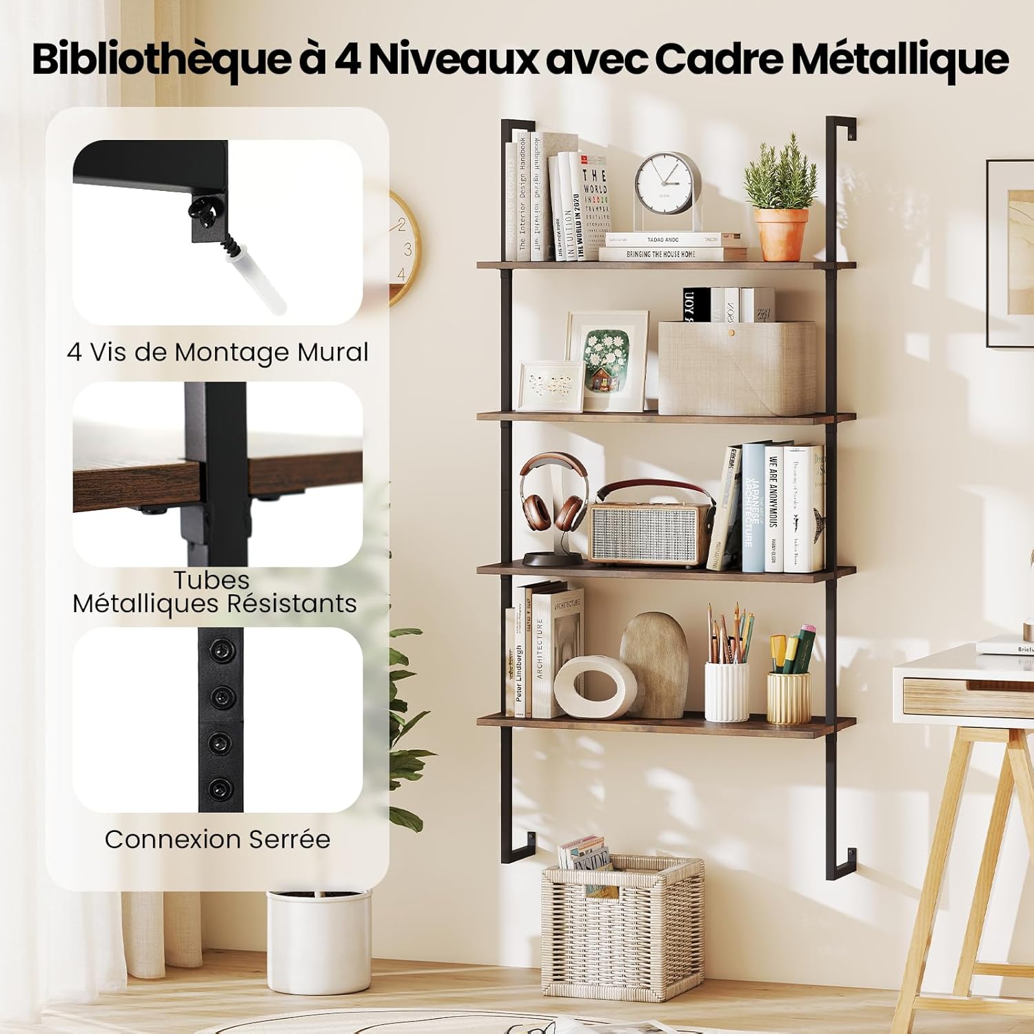 Étagère Murale à 4 Niveaux, Étagères Flottantes Style Industriel avec Cadre Métallique, Bibliothèque Murale en Bois en Forme d'Échelle - 7