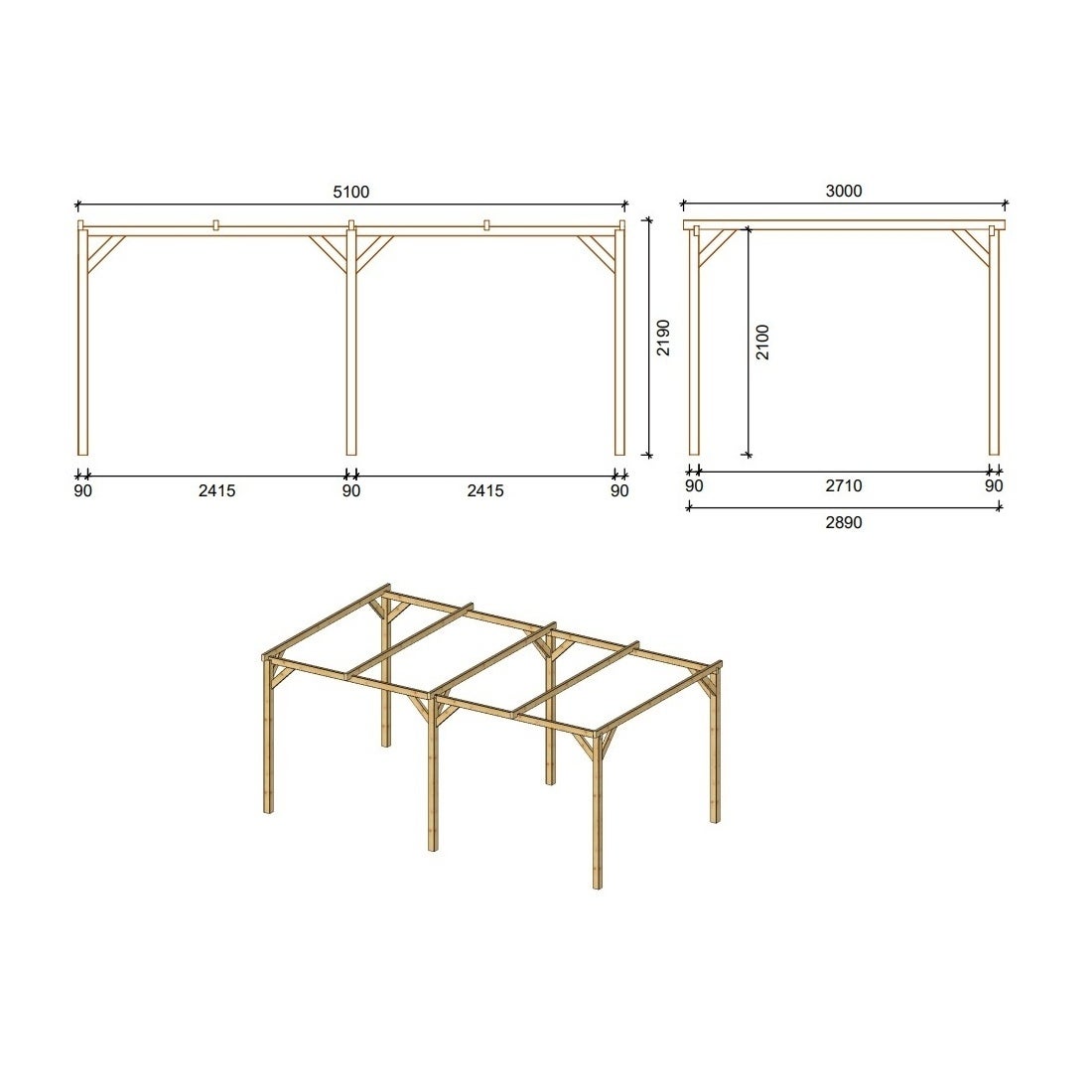 Carport, abri de voiture 3x5.1 m - 15.3 m2 - CAR1 - ALTANKA - 2