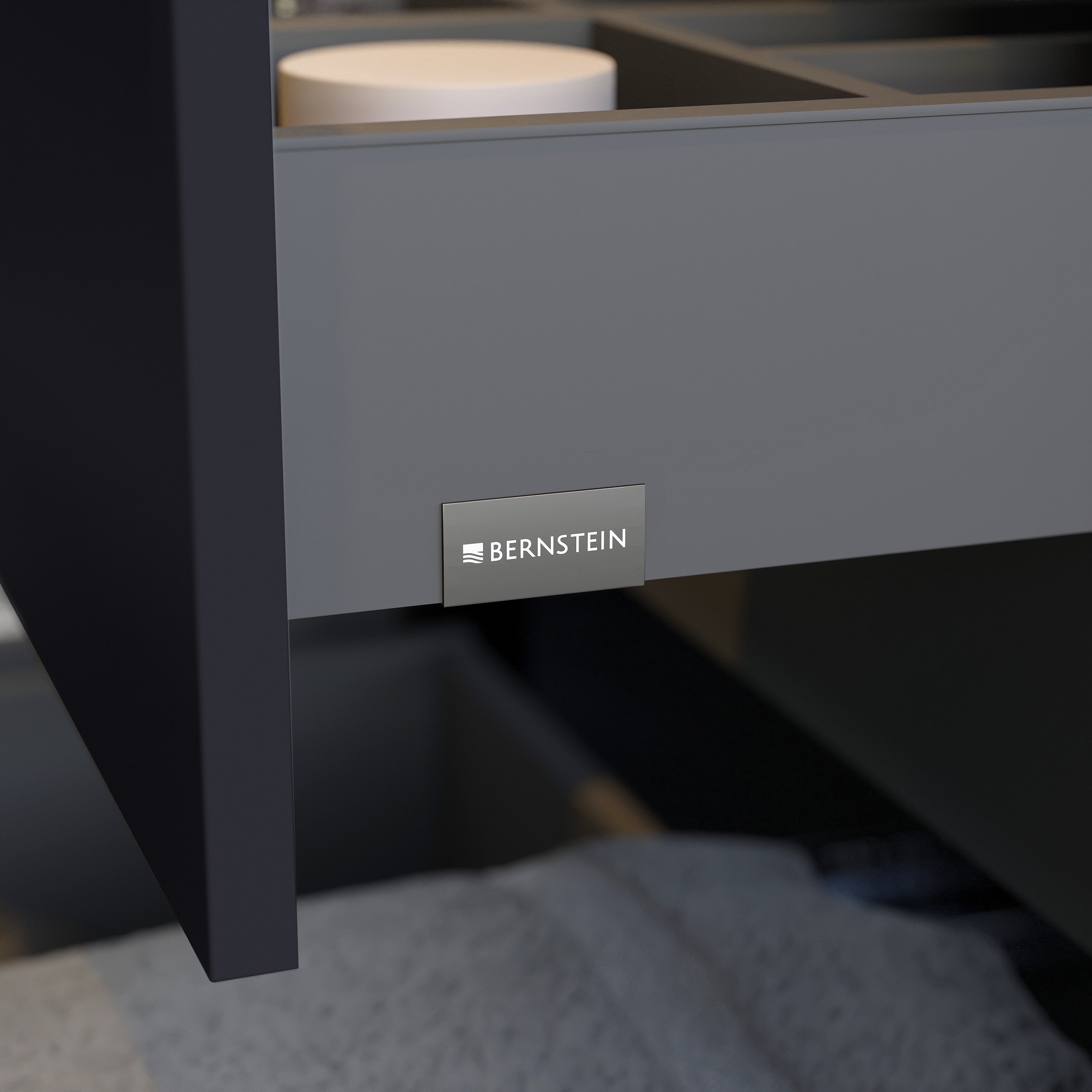 BERNSTEIN - Meuble double vasque suspendu MDF Bleu nuit mat, lavabos fonte Noir mat + trous robinet, tiroirs pivotants - 160x46x62cm - VIREO - 5