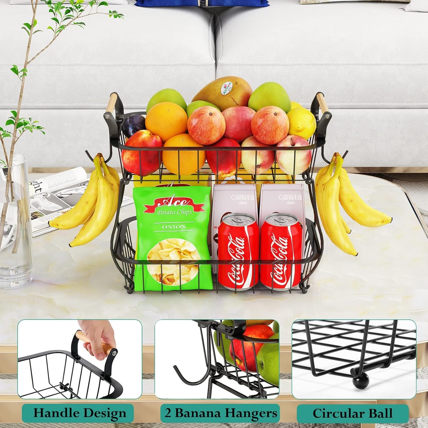 Set 4 cesti frutta 2 piani con supporto per banane, organizer metallico per frutta e verdura, ideale per cucina e conservazione - 7