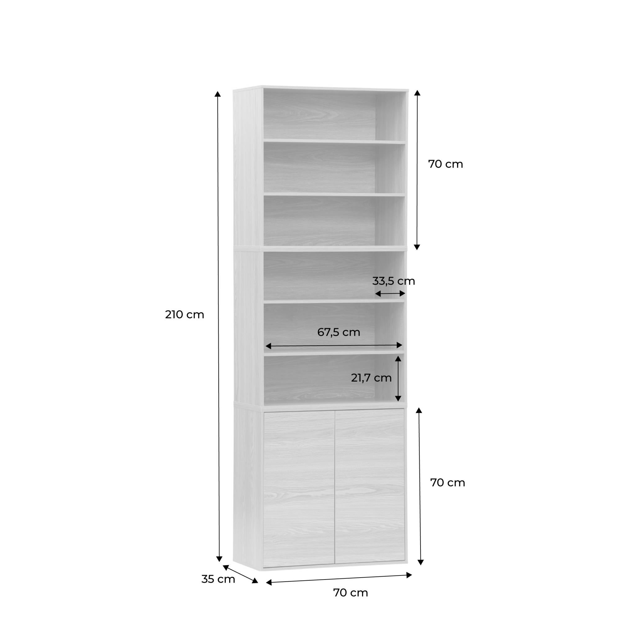 Estante, biblioteca modulável decoração madeira, 2 portas e 5 prateleiras, Kompo, Branco, 70x35x210 cm - 4