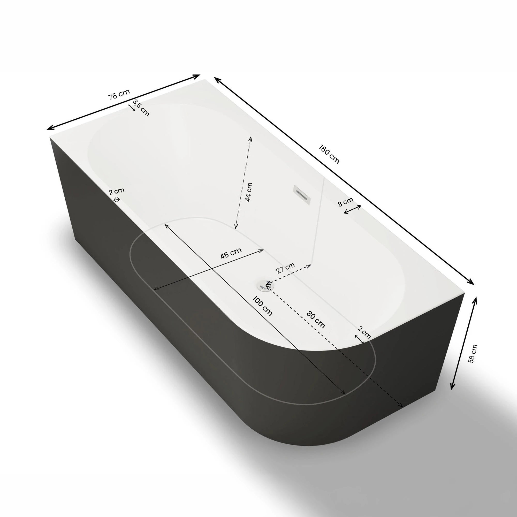 Baignoire Ilot Capri 160 gauche noire 160 x76 x58 cm, by SPALINA - 6