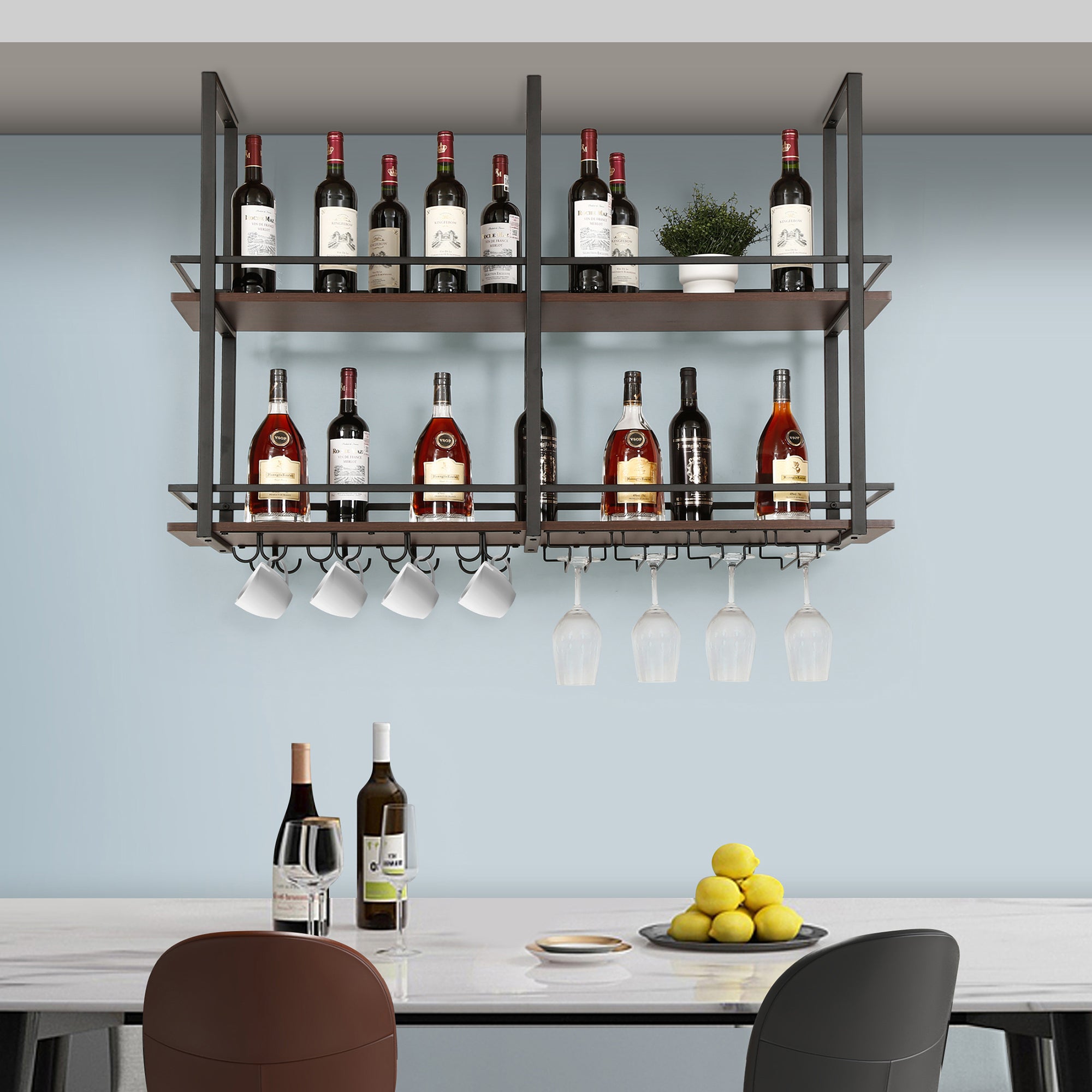 Botellero vino Hubro con portavasos metal 120x30x85cm Negro/Nogal [en.casa] - 4