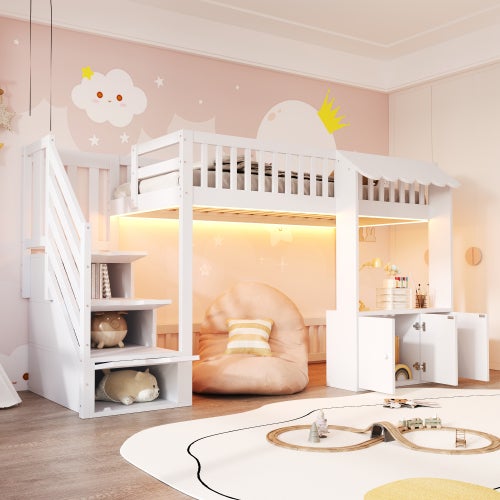 Lit superposé Enfant 90X200 avec armoire et LED, Lit mezzanine avec escalier de rangement et sommier à lattes, Blanc(Sans Matelas) - 4