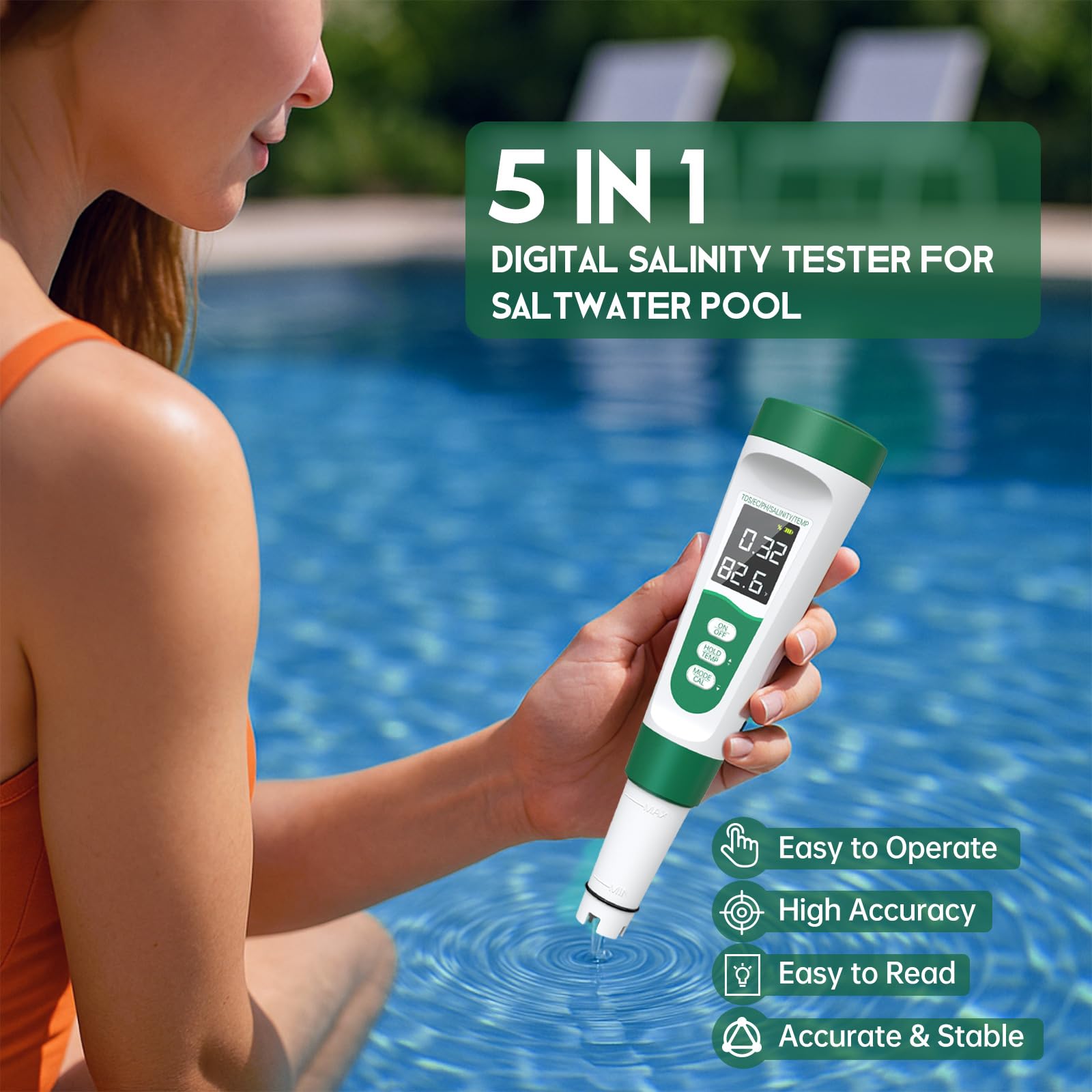 Testeur de sel, pH-mètre, testeur d'eau numérique 5 en 1 pour la salinité, la température, la conductivité et le TDS pour piscine, spa et aquarium. - 6