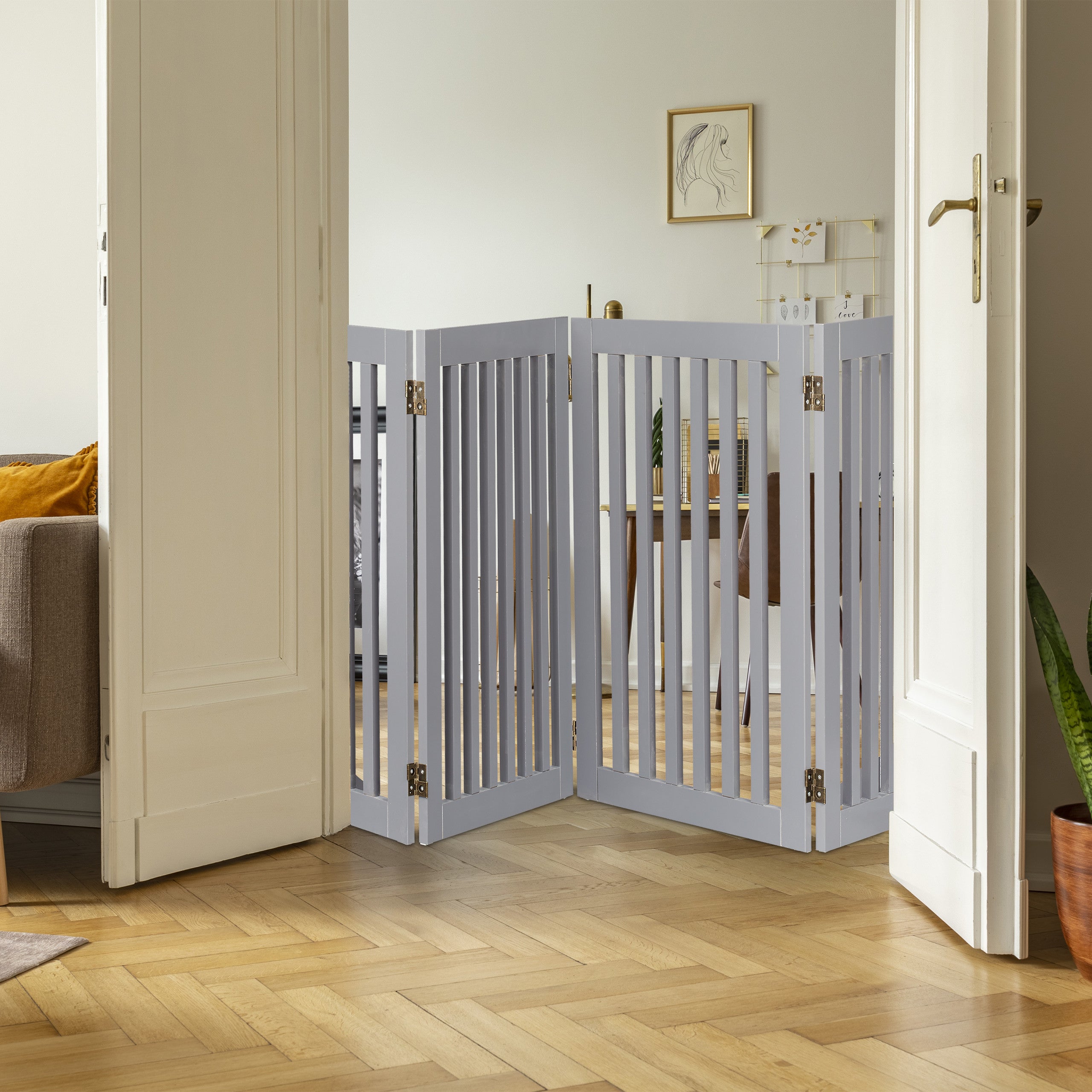 Barrière de sécurité pour chiens à 4 panneaux, pliable et autoportante, 92 x 207 cm, avec pieds, MDF gris, Relaxdays - 2
