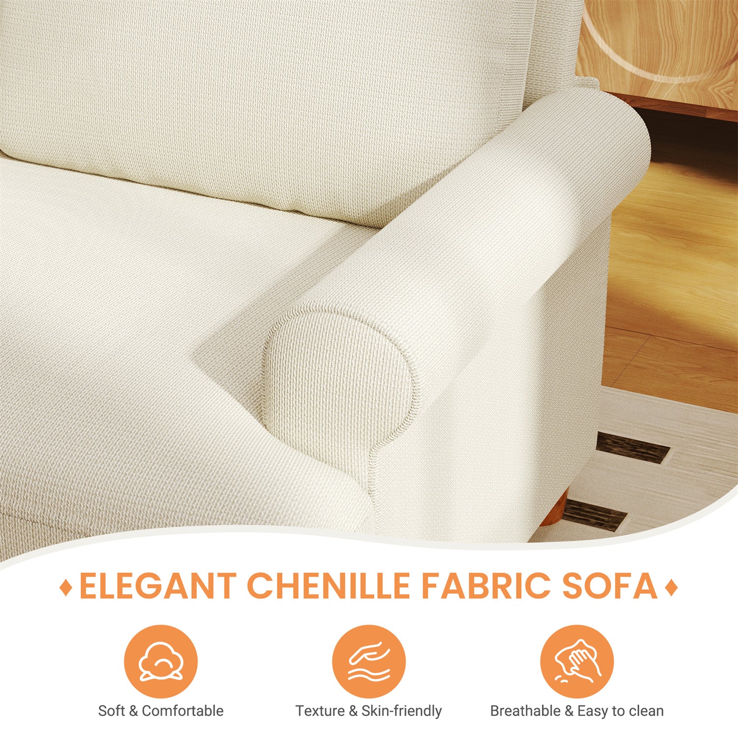 Grand Canapé 3 Places en Chenille Beige avec accoudoirs,coussins et oreillers,Canapé Scandinave pour le salon,220×74×86cm - 7