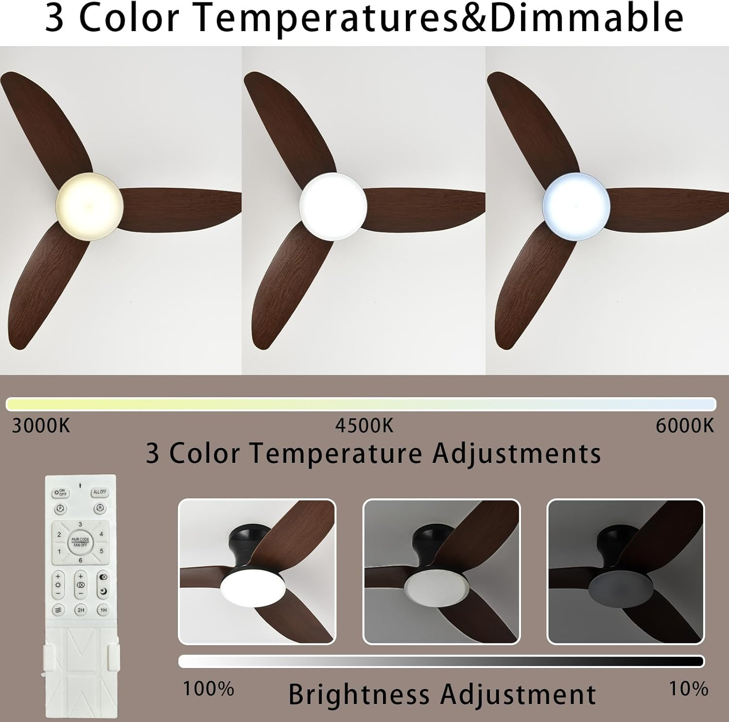 Ventilateur de plafond 100 cm avec lampe, télécommande/application, intensité variable, 6 vitesses de ventilation, minuterie - 3