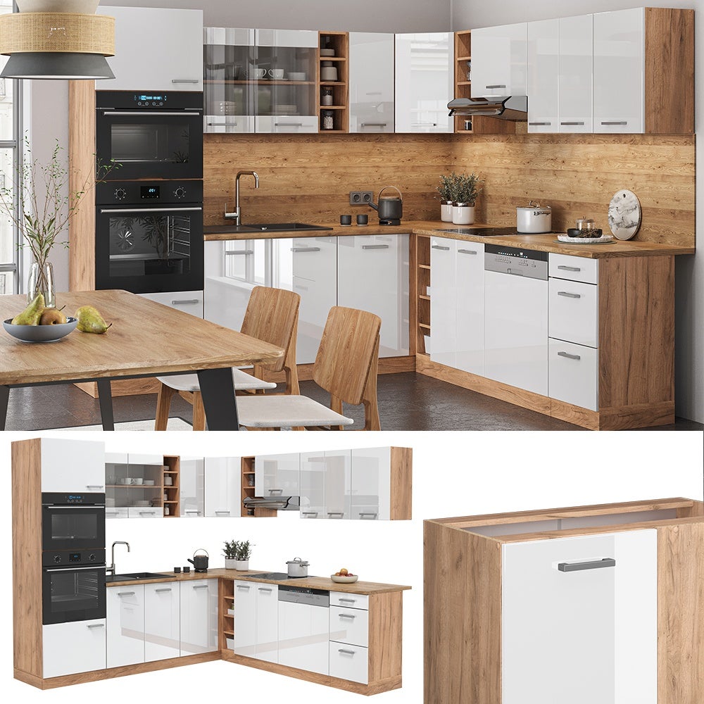 Vicco Cuisine en angle R-Line, Blanc Haute brillance/Chêne de force doré, 247 x 237 cm sans PT - 4