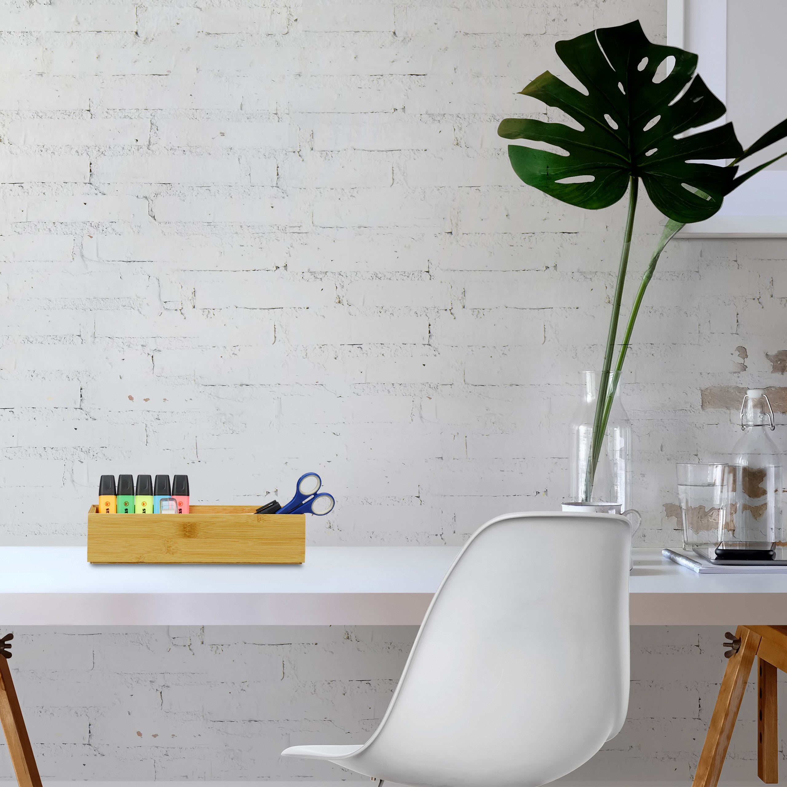 2x Contenitore Portaoggetti in Bambù, Impilabile, per Bagno Cucina Studio, HLP: 7 x 23 x 15 cm, Color Legno Naturale - 3